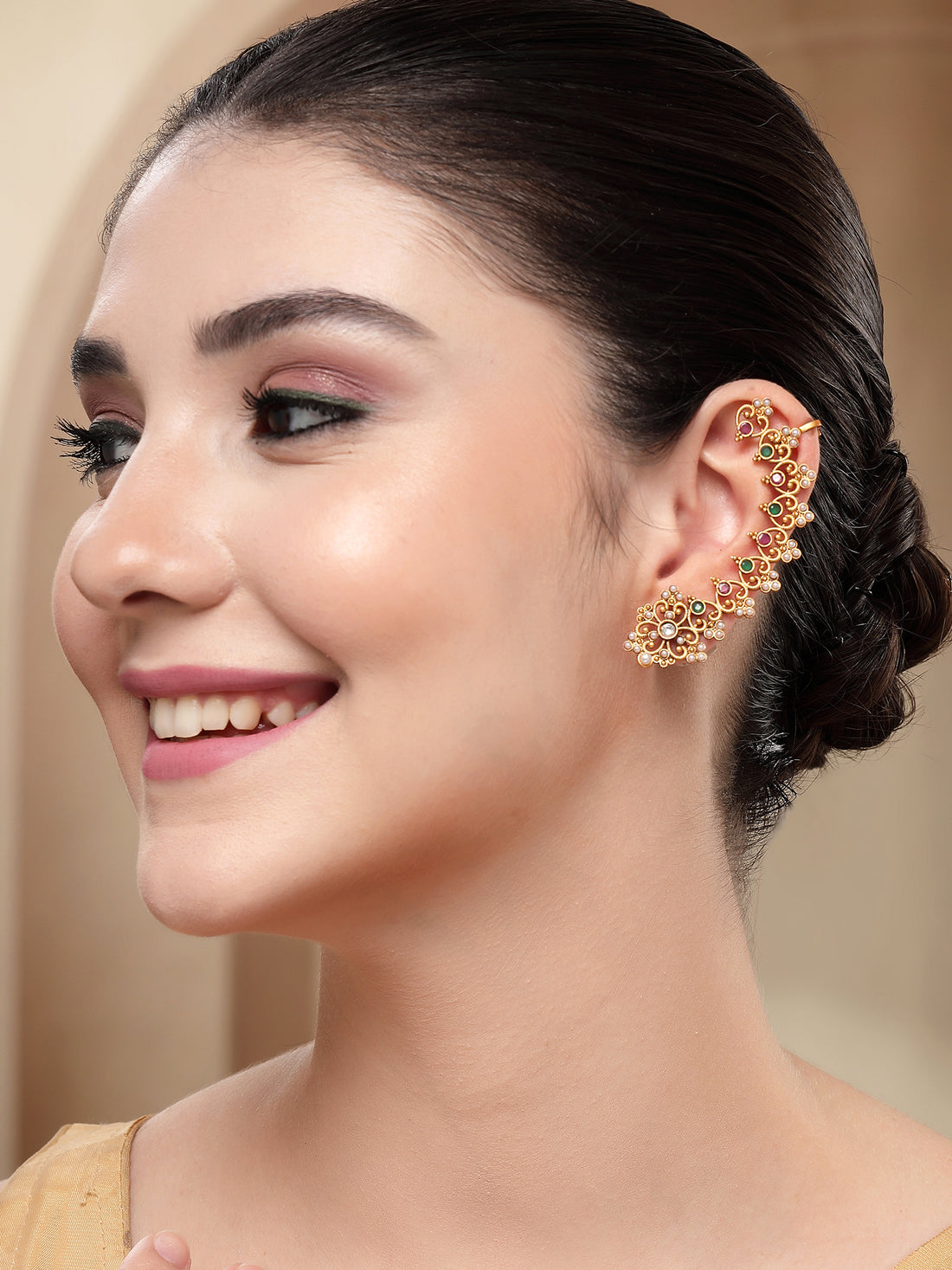 KARATCART Ethnic Gold-Plated Cuff Earrings with Multicolor Stones for Women