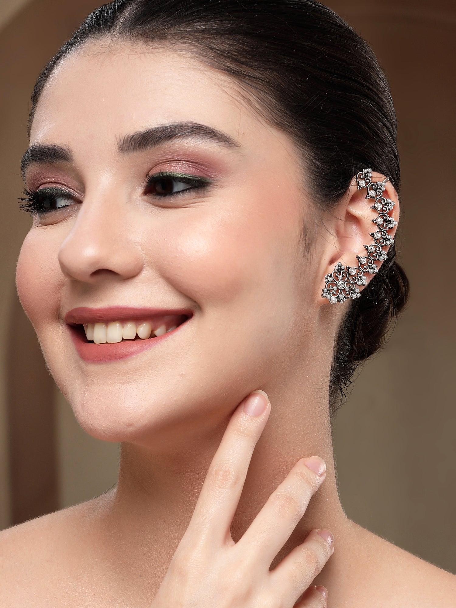 KARATCART Oxidised Silver Cuff Earrings with Multicolor Stones for Women