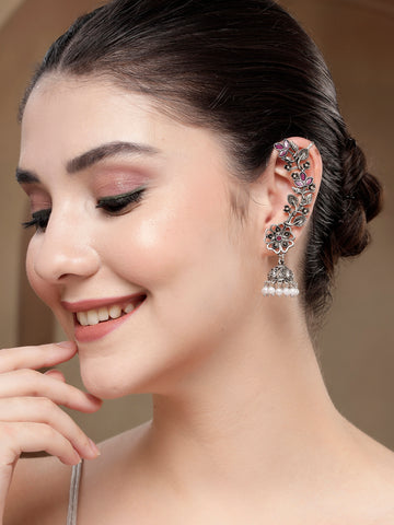 KARATCART Oxidized Silver Designer Floral Jhumki Earrings with Pink Stons for Women
