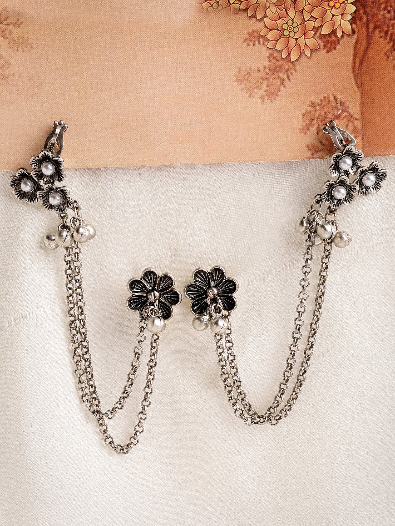 KARATCART Elegant Oxidized Silver Chain Cuff Earrings with Floral Design for Women