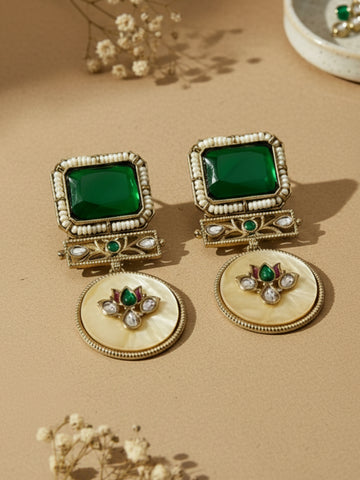 KARATCART Traditional Gold-Plated Green Stone Lotus Drop Earrings for Women