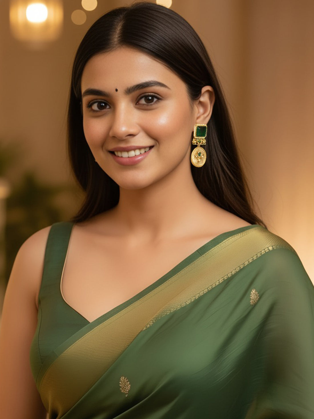 KARATCART Traditional Gold-Plated Green Stone Lotus Drop Earrings for Women