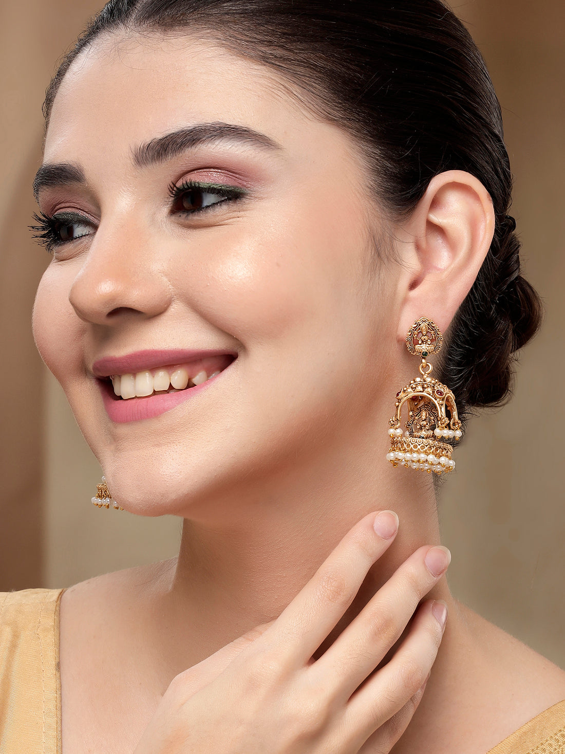 KARATCART Gold-Plated Lakshmi Mata Dome Jhumki Earrings for Women