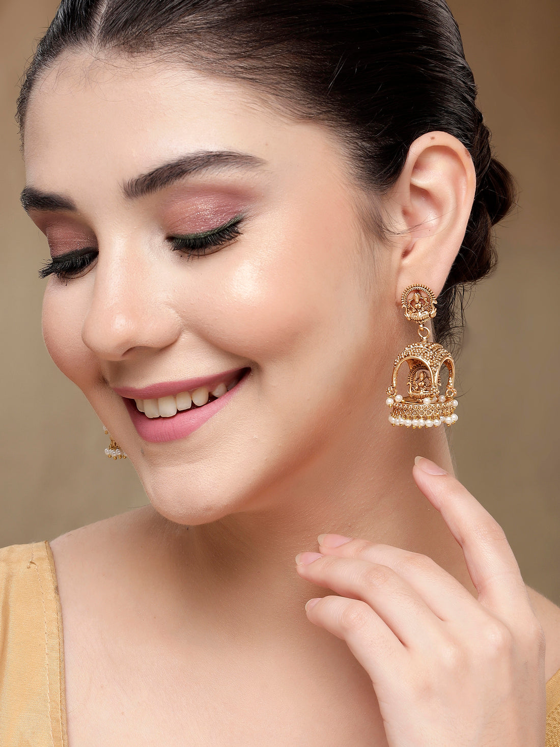 KARATCART Designer Gold-Plated Lakshmi Mata Dome Jhumki Earrings for Women