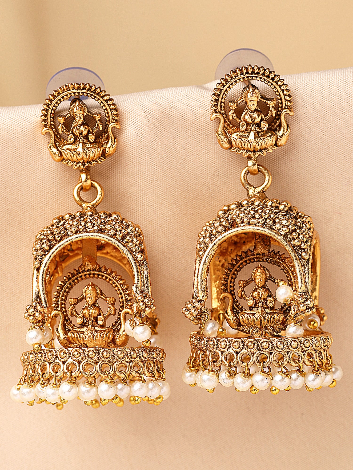 KARATCART Designer Gold-Plated Lakshmi Mata Dome Jhumki Earrings for Women