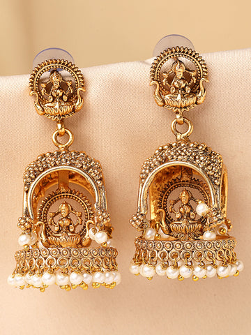 KARATCART Designer Gold-Plated Lakshmi Mata Dome Jhumki Earrings for Women