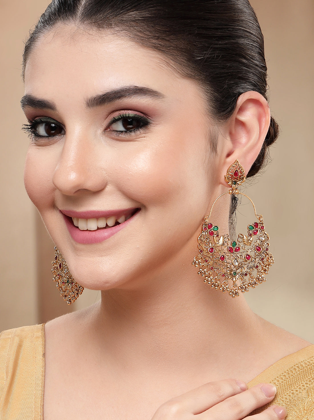 KARATCART Gold-Plated Red and Green Stone Temple Chandbali Earrings for Women