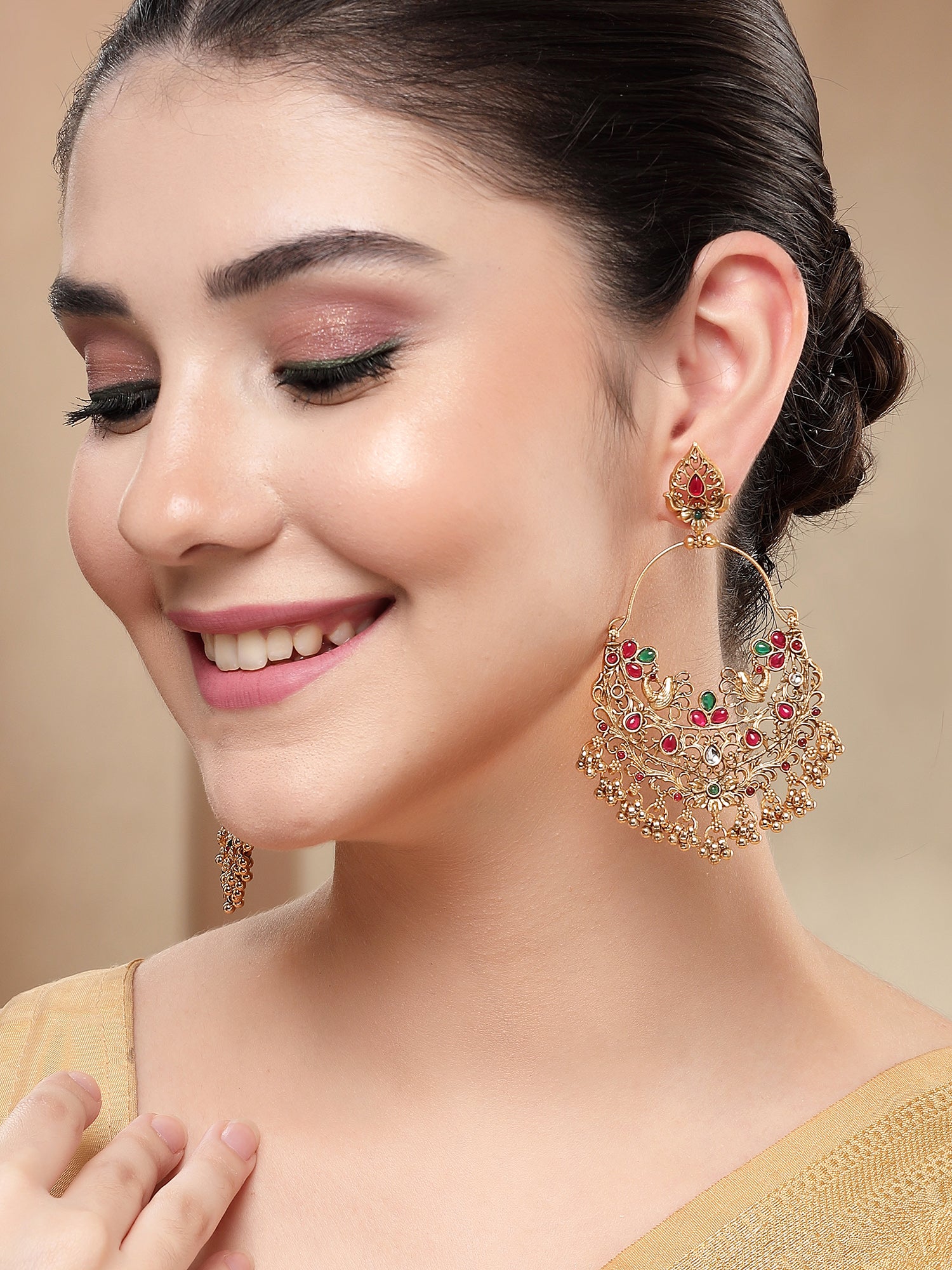 KARATCART Gold-Plated Red and Green Stone Temple Chandbali Earrings for Women - view 2