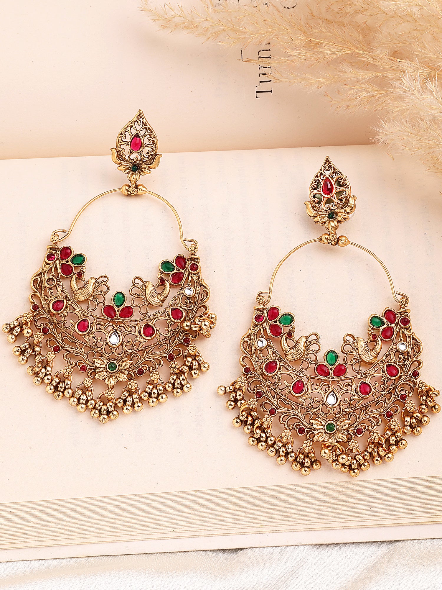 KARATCART Gold-Plated Red and Green Stone Temple Chandbali Earrings for Women