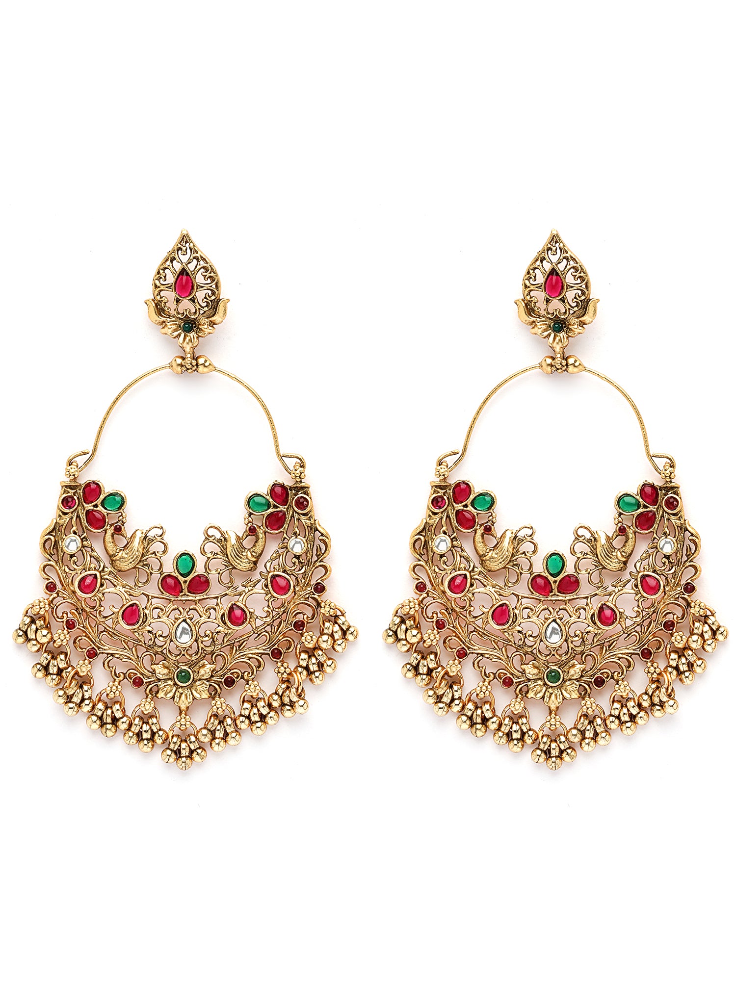 KARATCART Gold-Plated Red and Green Stone Temple Chandbali Earrings for Women - view 4
