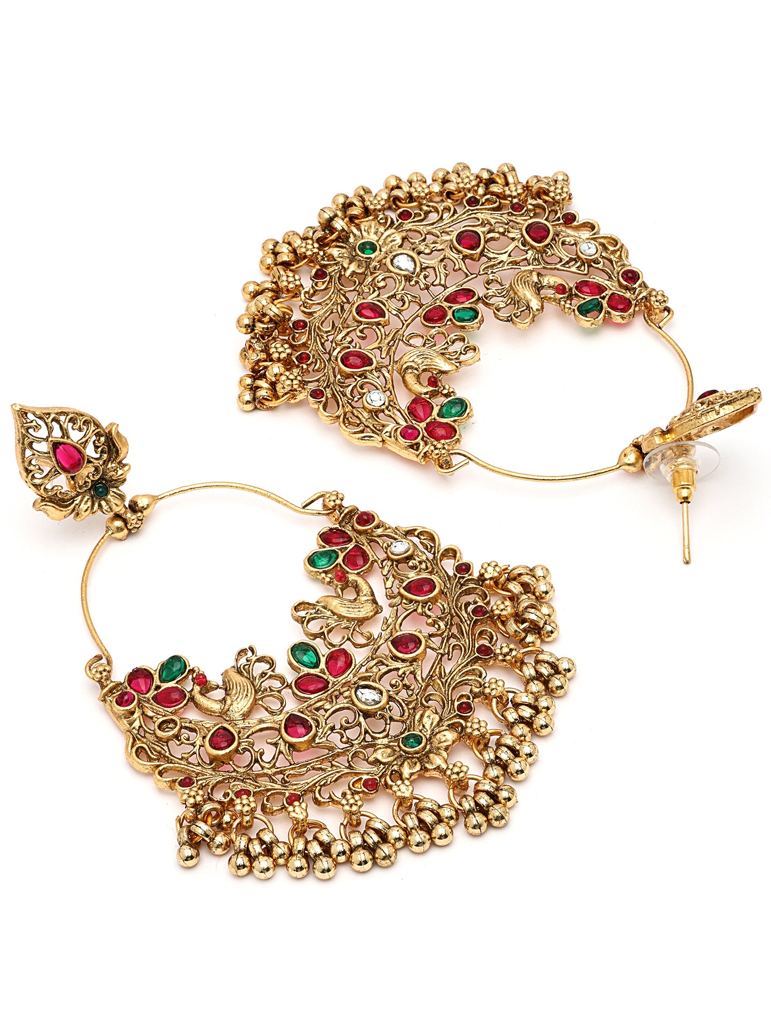 KARATCART Gold-Plated Red and Green Stone Temple Chandbali Earrings for Women - view 5
