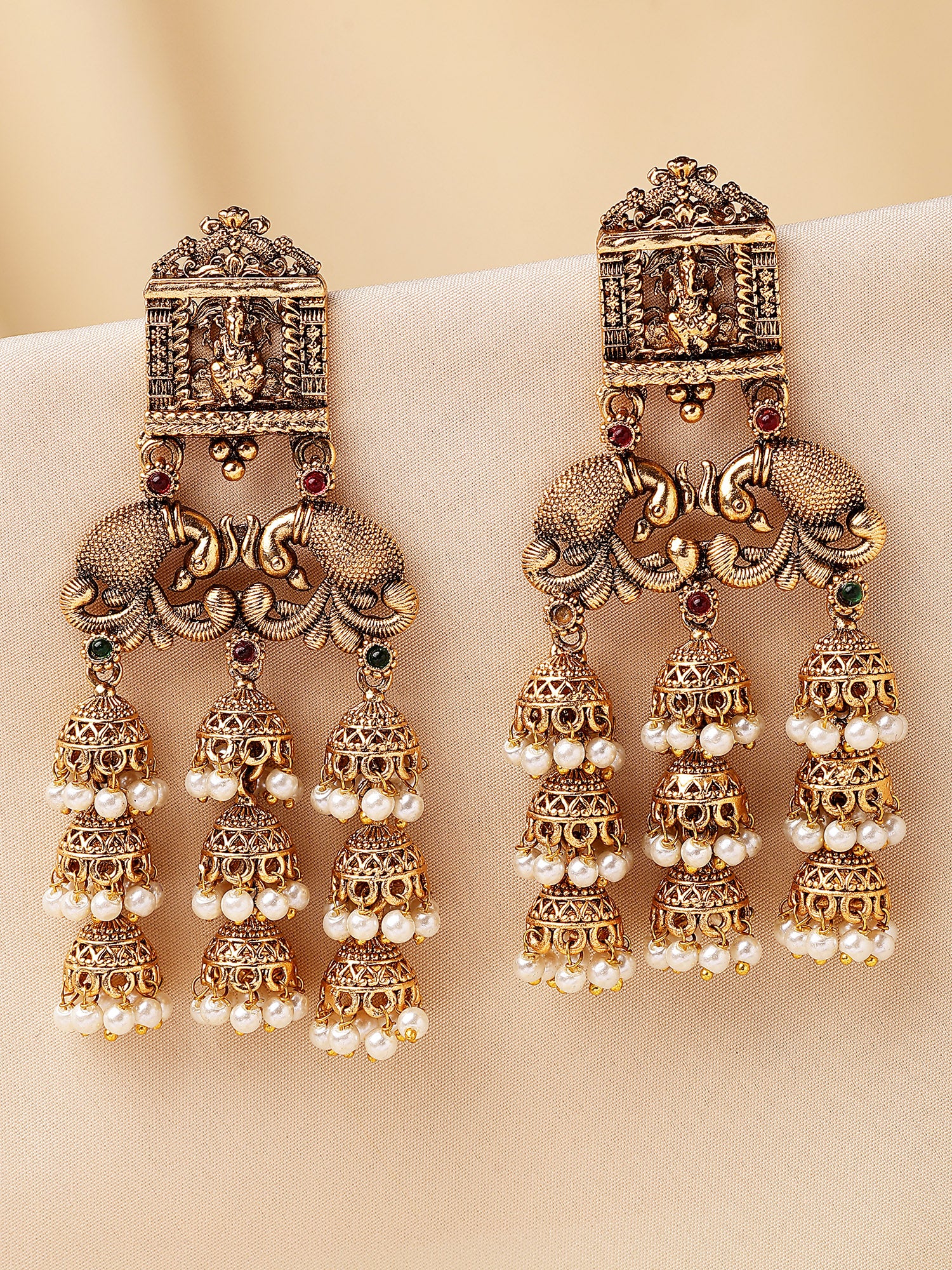 KARATCART Designer Gold-Plated Traditional Lord Ganesh Dome Jhumka Dangler Earrings for Women