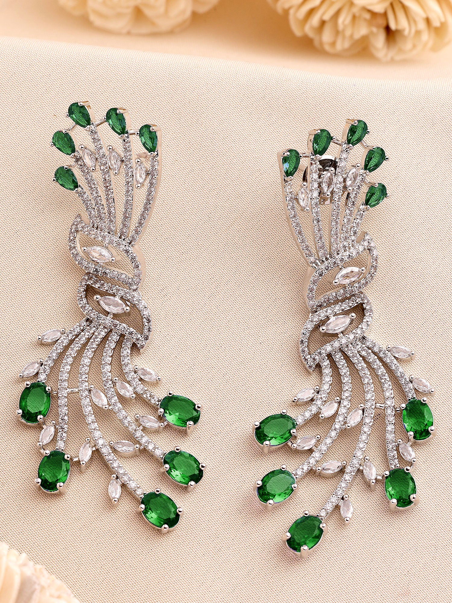 KARATCART Stylish Green American Diamond Silver-Plated Premium Drop Earrings for Women - Image 1