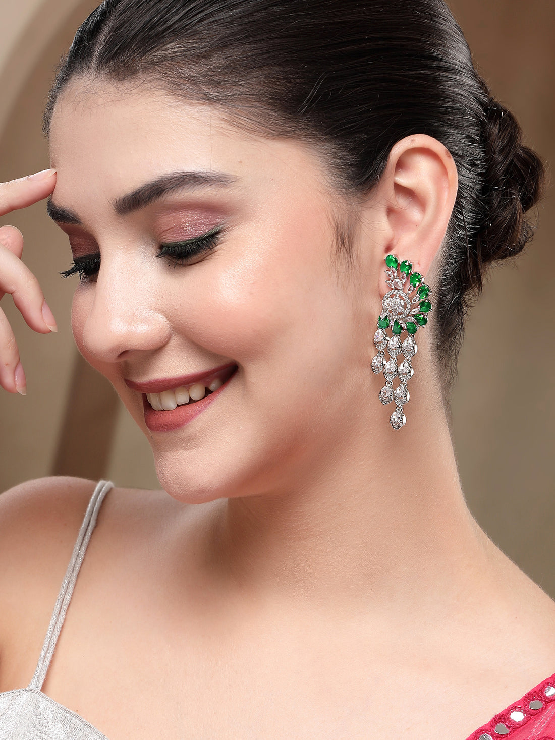 KARATCART Premium Silver-Plated Green Teardrop American Diamond Dangler Earrings for Women