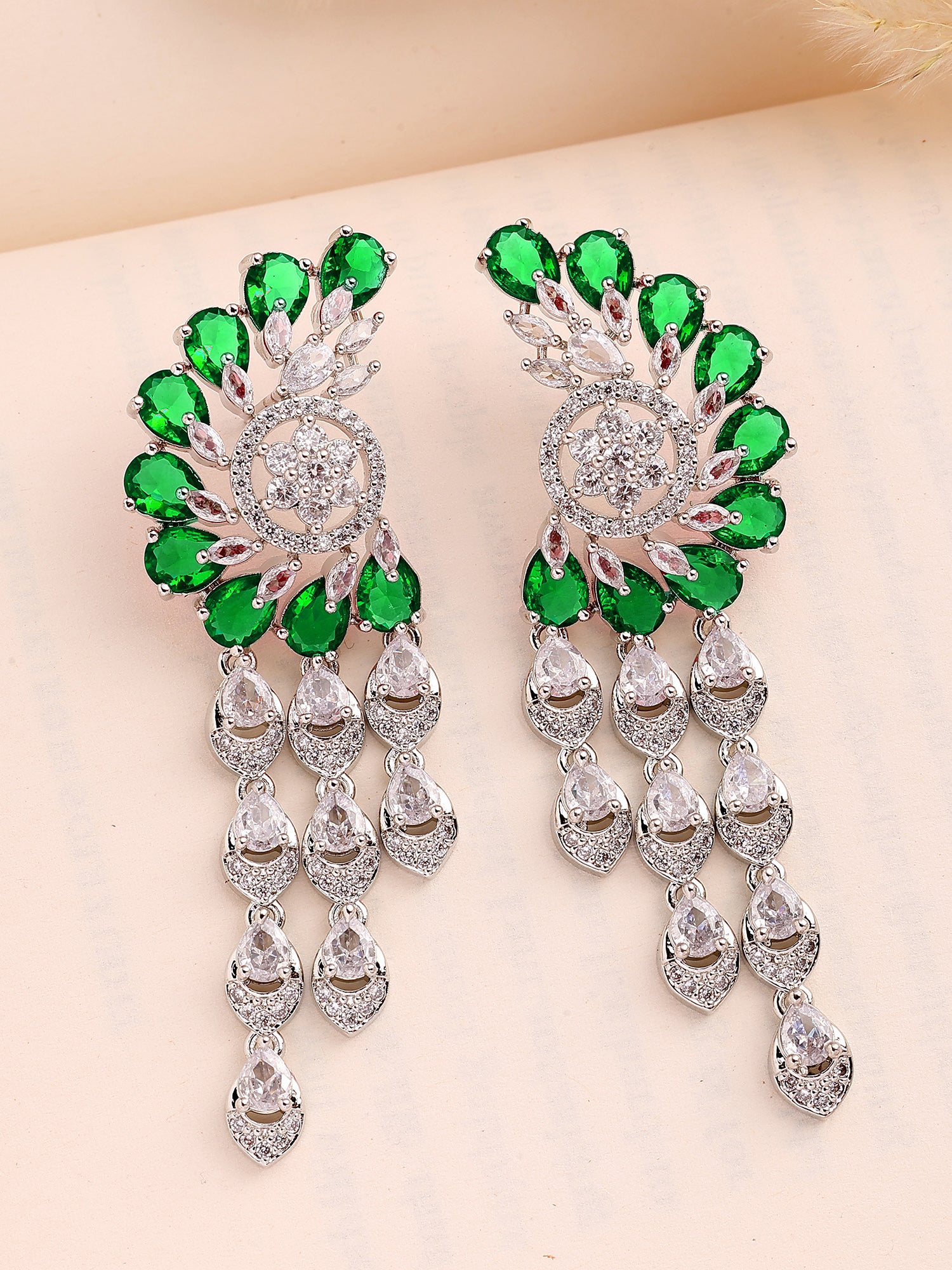 KARATCART Premium Silver-Plated Green Teardrop American Diamond Dangler Earrings for Women