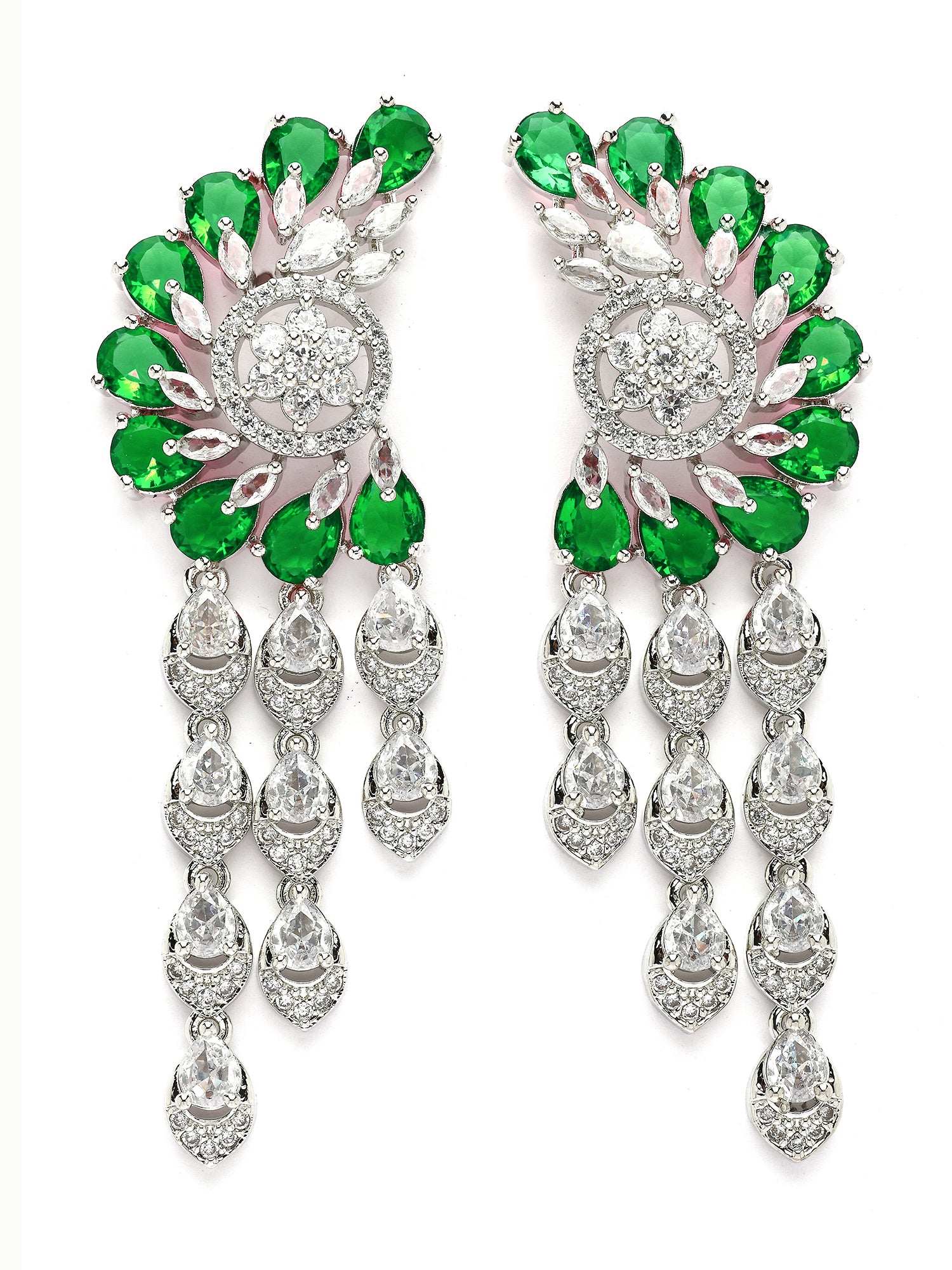 KARATCART Premium Silver-Plated Green Teardrop American Diamond Dangler Earrings for Women - view 4