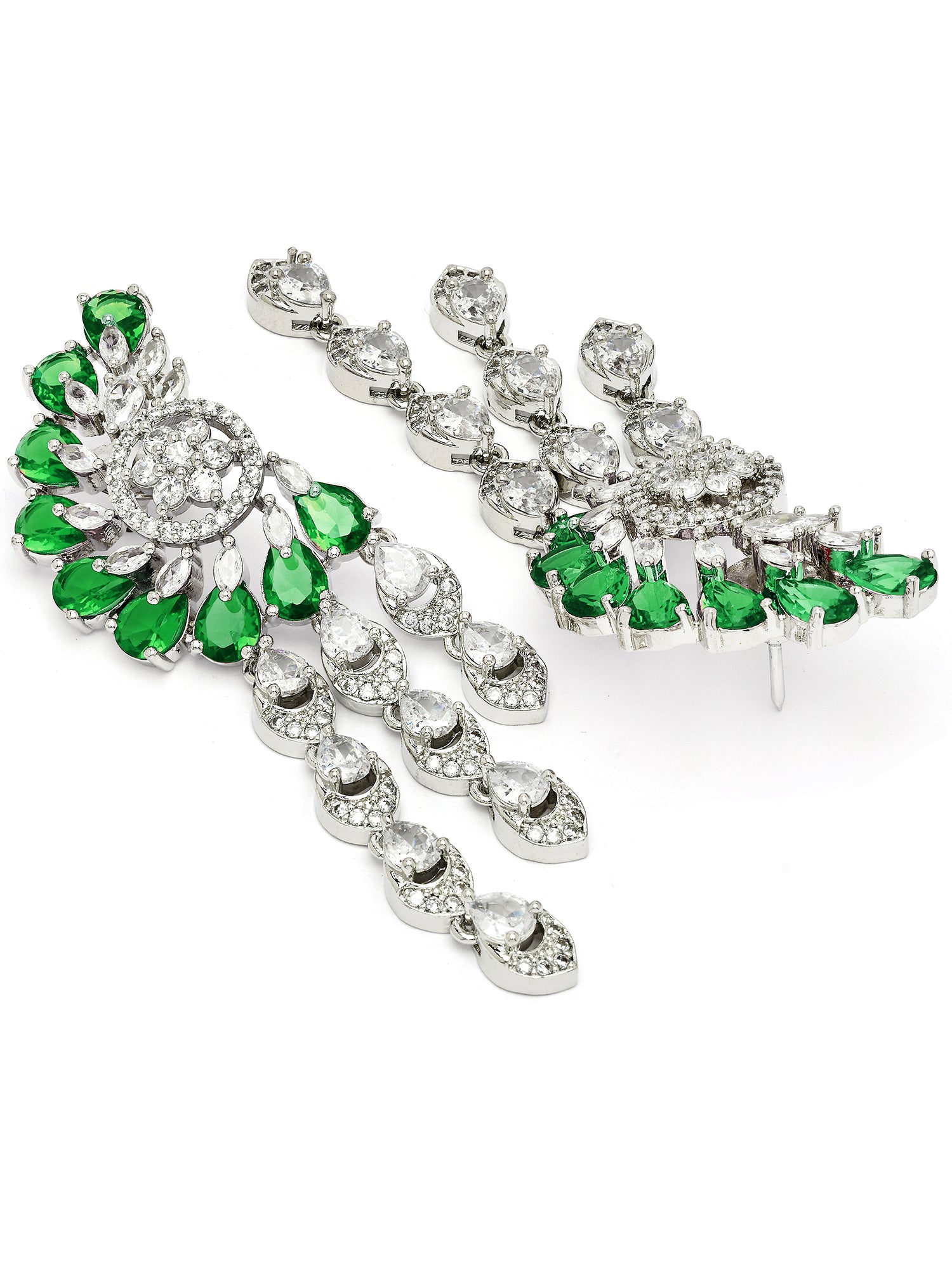 KARATCART Premium Silver-Plated Green Teardrop American Diamond Dangler Earrings for Women - view 5