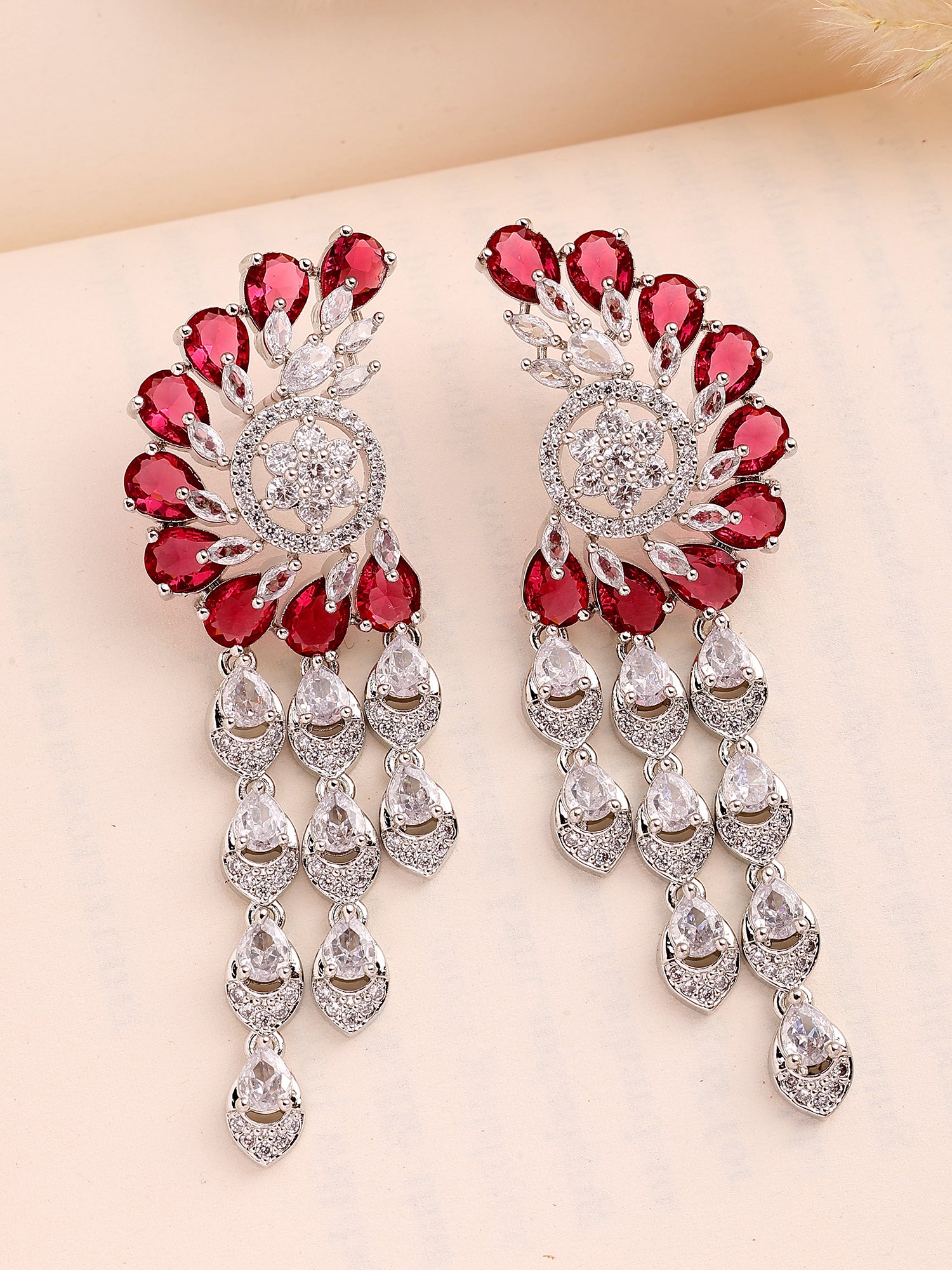 KARATCART Premium Silver-Plated Red Teardrop American Diamond Dangler Earrings for Women - Image 1