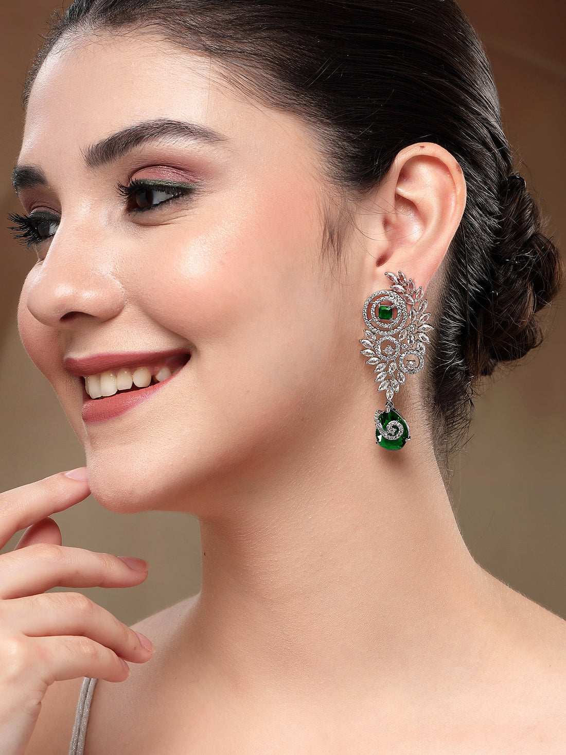 KARATCART Glamorous Silver-Plated Green Teardrop American Diamond Drop Earrings for Women