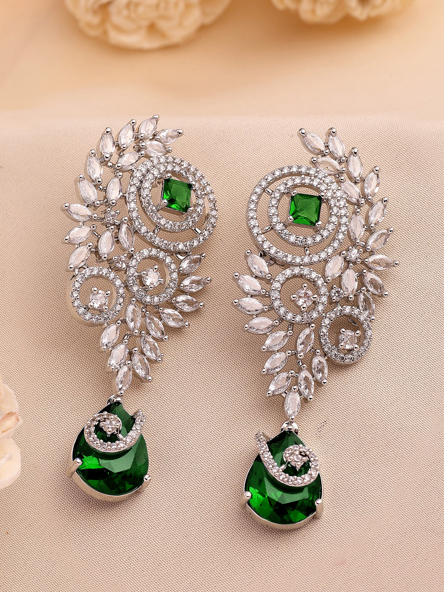 KARATCART Glamorous Silver-Plated Green Teardrop American Diamond Drop Earrings for Women