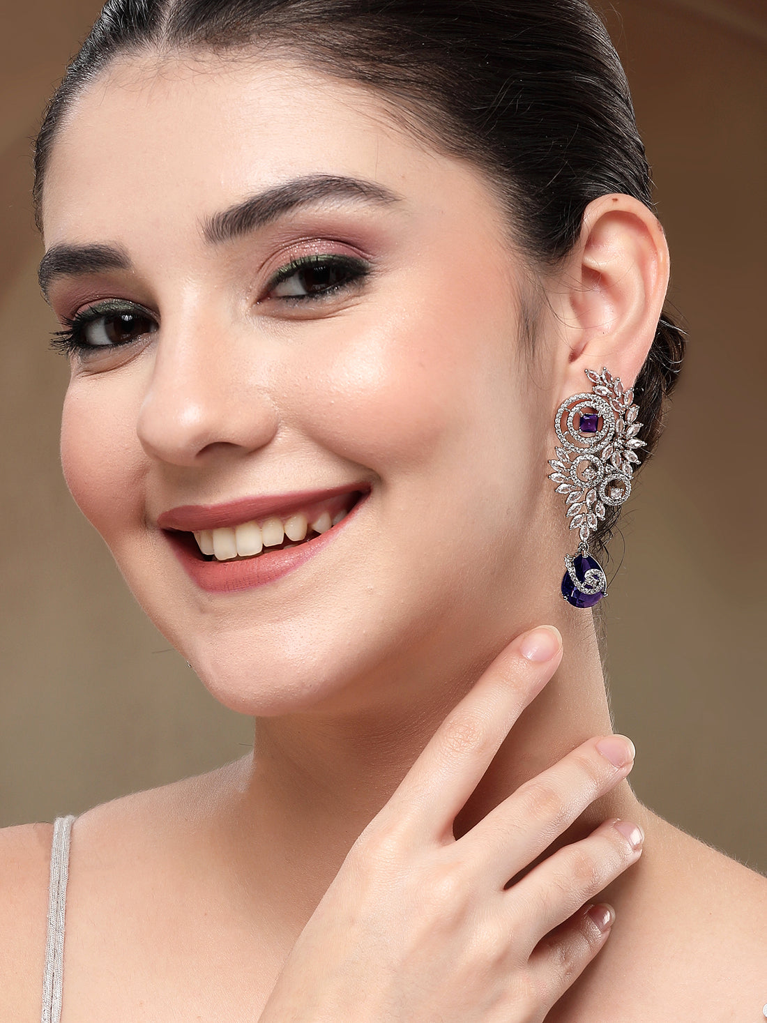KARATCART Glamorous Silver-Plated Purple Teardrop American Diamond Drop Earrings for Women
