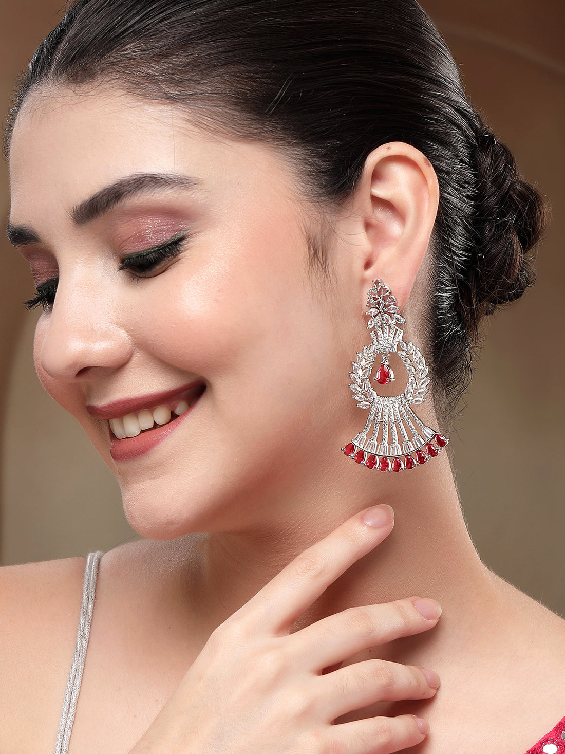 KARATCART Sparkling Silver-Toned Red and White American Diamond Drop Earrings for Women