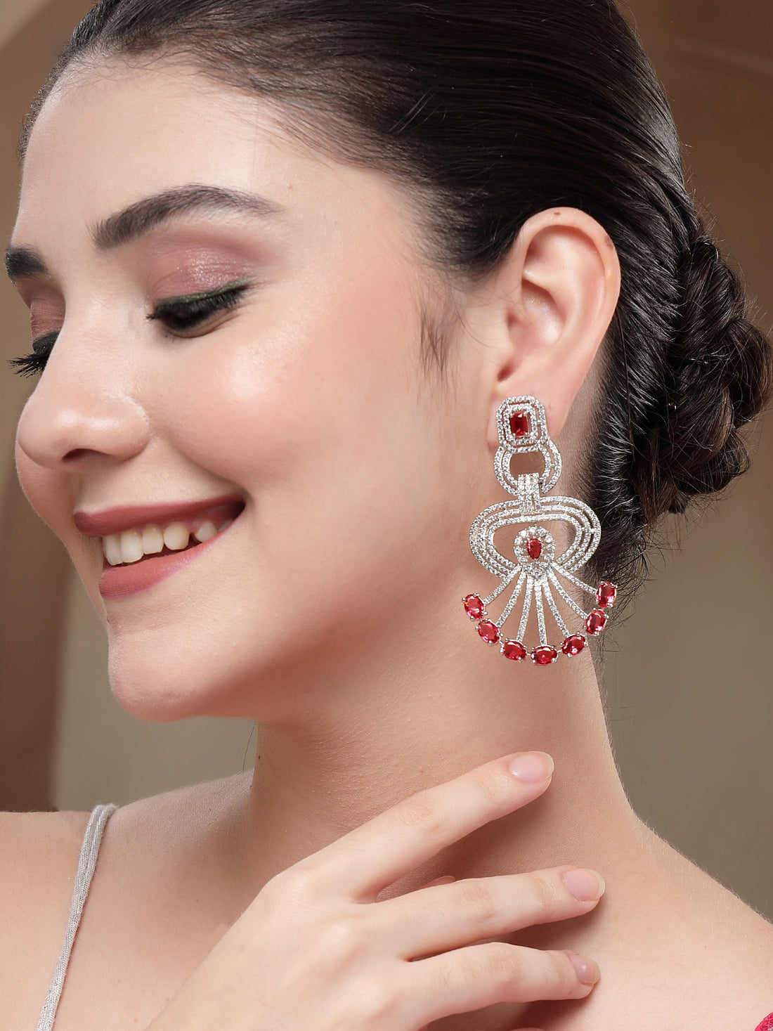 KARATCART Fashionable Red American Diamond Silver-Plated Drop Earrings for Women