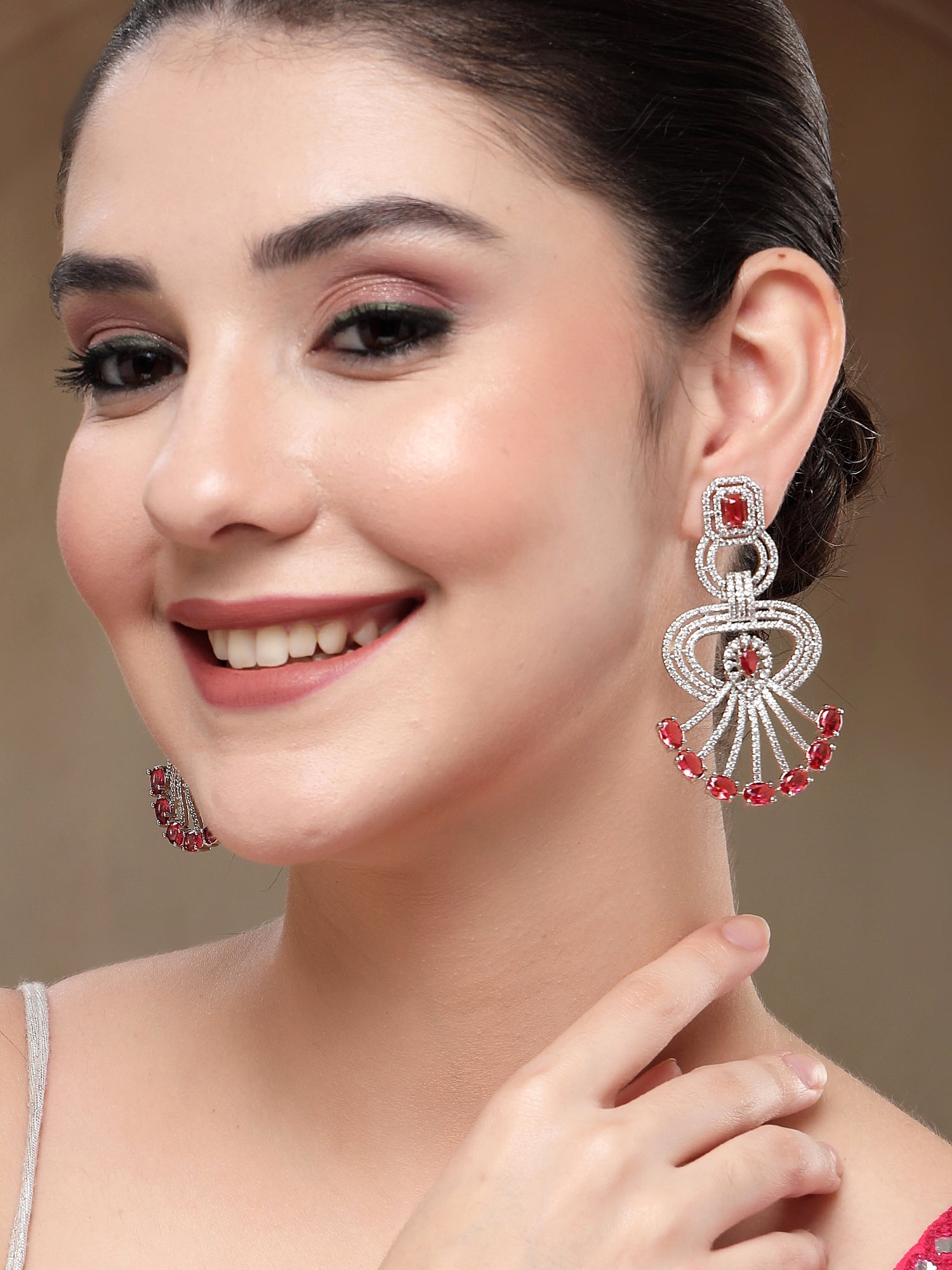 KARATCART Fashionable Red American Diamond Silver-Plated Drop Earrings for Women - view 3