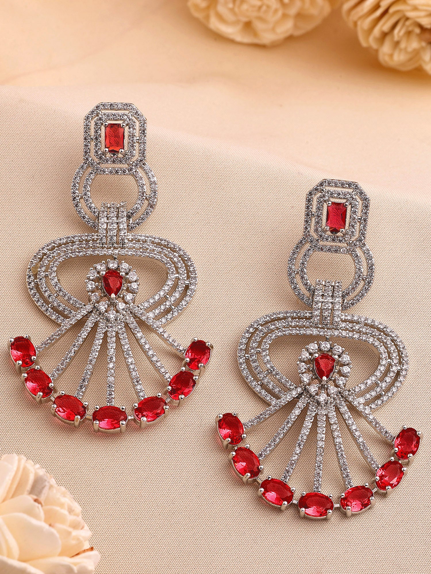 KARATCART Fashionable Red American Diamond Silver-Plated Drop Earrings for Women - Image 1