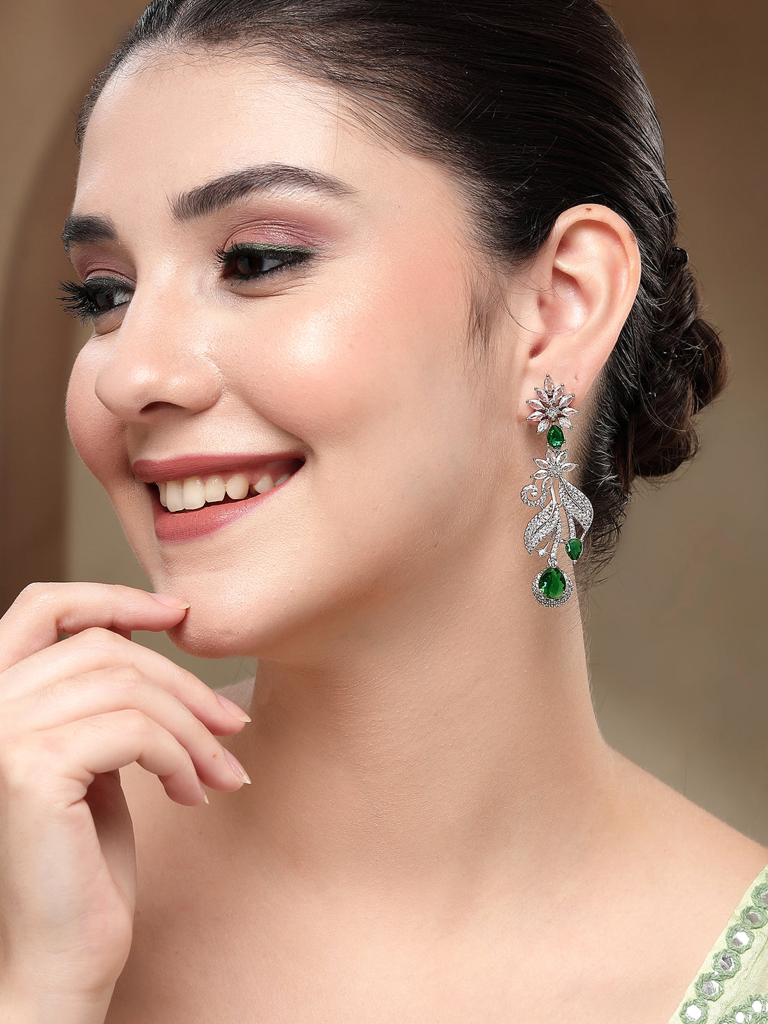 KARATCART Sparkling Silver-Plated Leaf Motif Green American Diamond Drop Earrings for Women