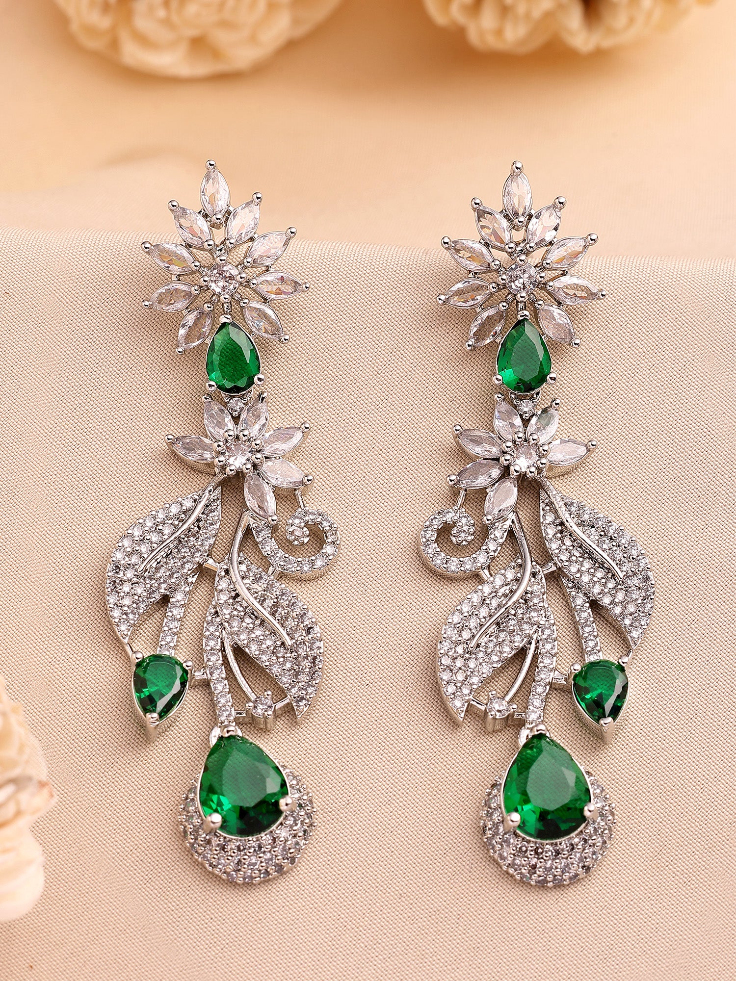 KARATCART Sparkling Silver-Plated Leaf Motif Green American Diamond Drop Earrings for Women - Image 1