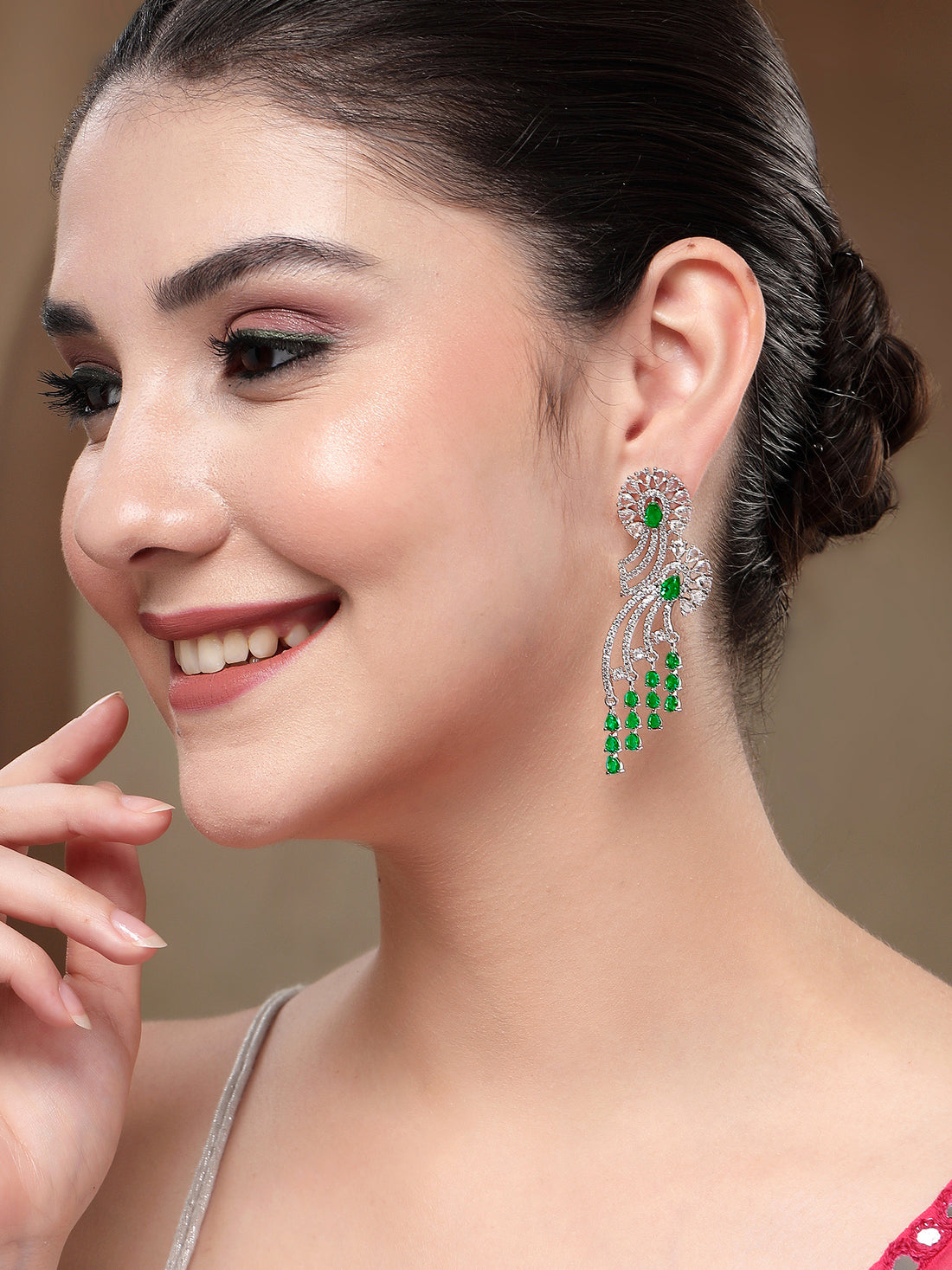 KARATCART Designer Green American Diamond Silver-Plated Drop Earrings for Women