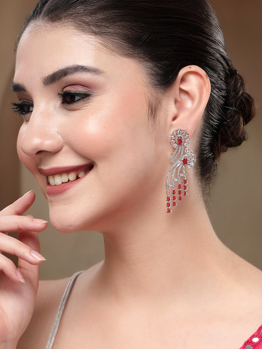 KARATCART Designer Red American Diamond Silver-Plated Drop Earrings for Women