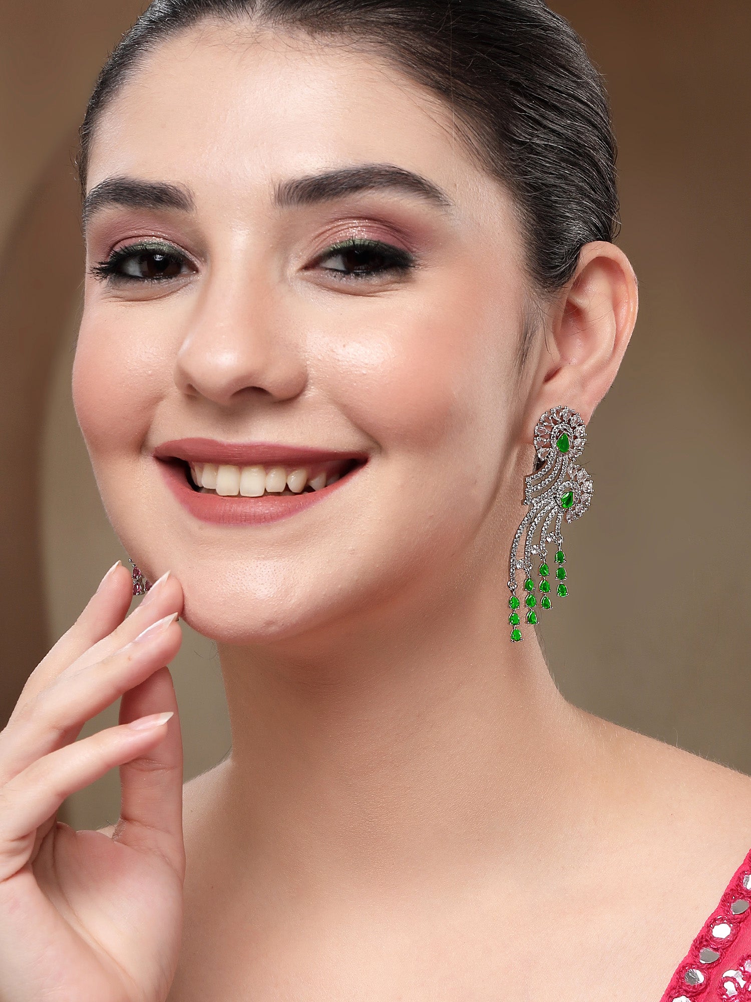 KARATCART Designer Green American Diamond Silver-Plated Drop Earrings for Women - view 3