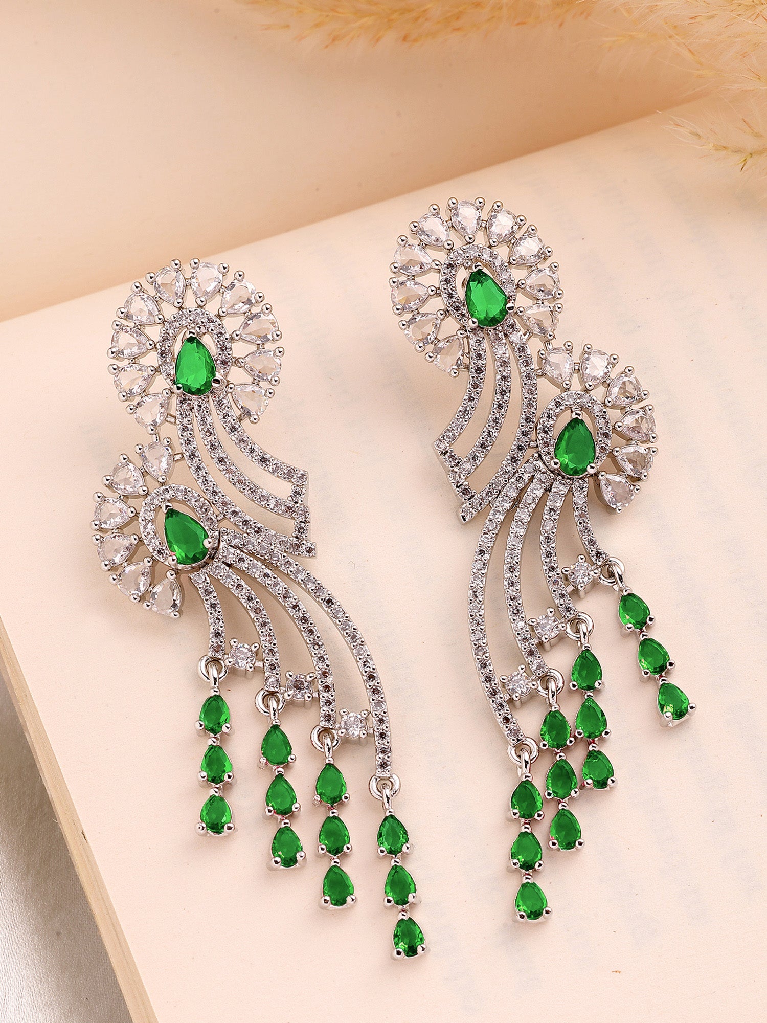 KARATCART Designer Green American Diamond Silver-Plated Drop Earrings for Women - Image 1