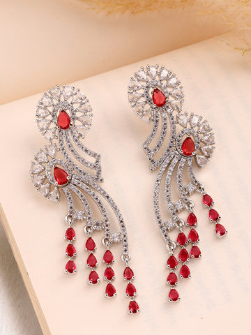 KARATCART Designer Red American Diamond Silver-Plated Drop Earrings for Women