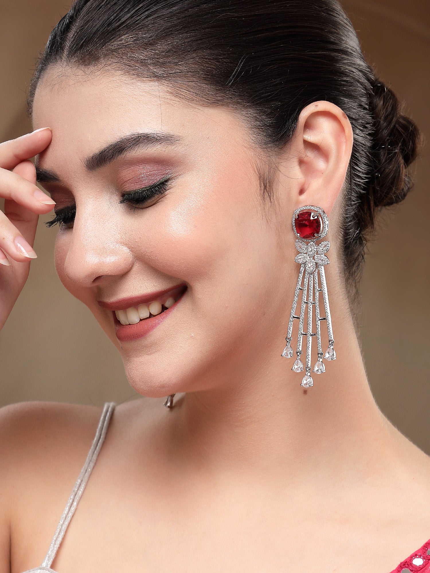 KARATCART Elegant Silver-Plated Red American Diamond Long Drop Earrings for Women - view 2