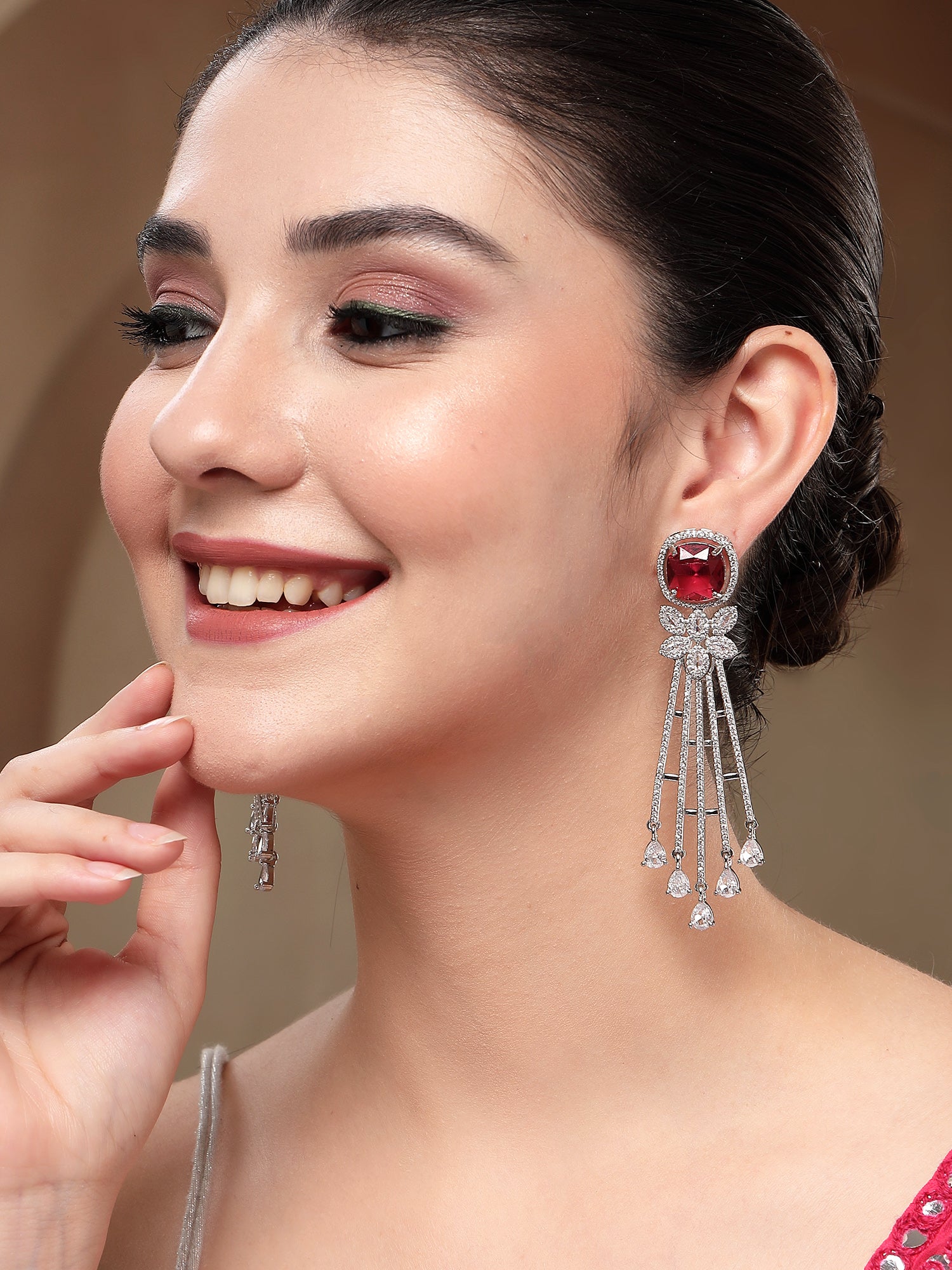 KARATCART Elegant Silver-Plated Red American Diamond Long Drop Earrings for Women - view 3