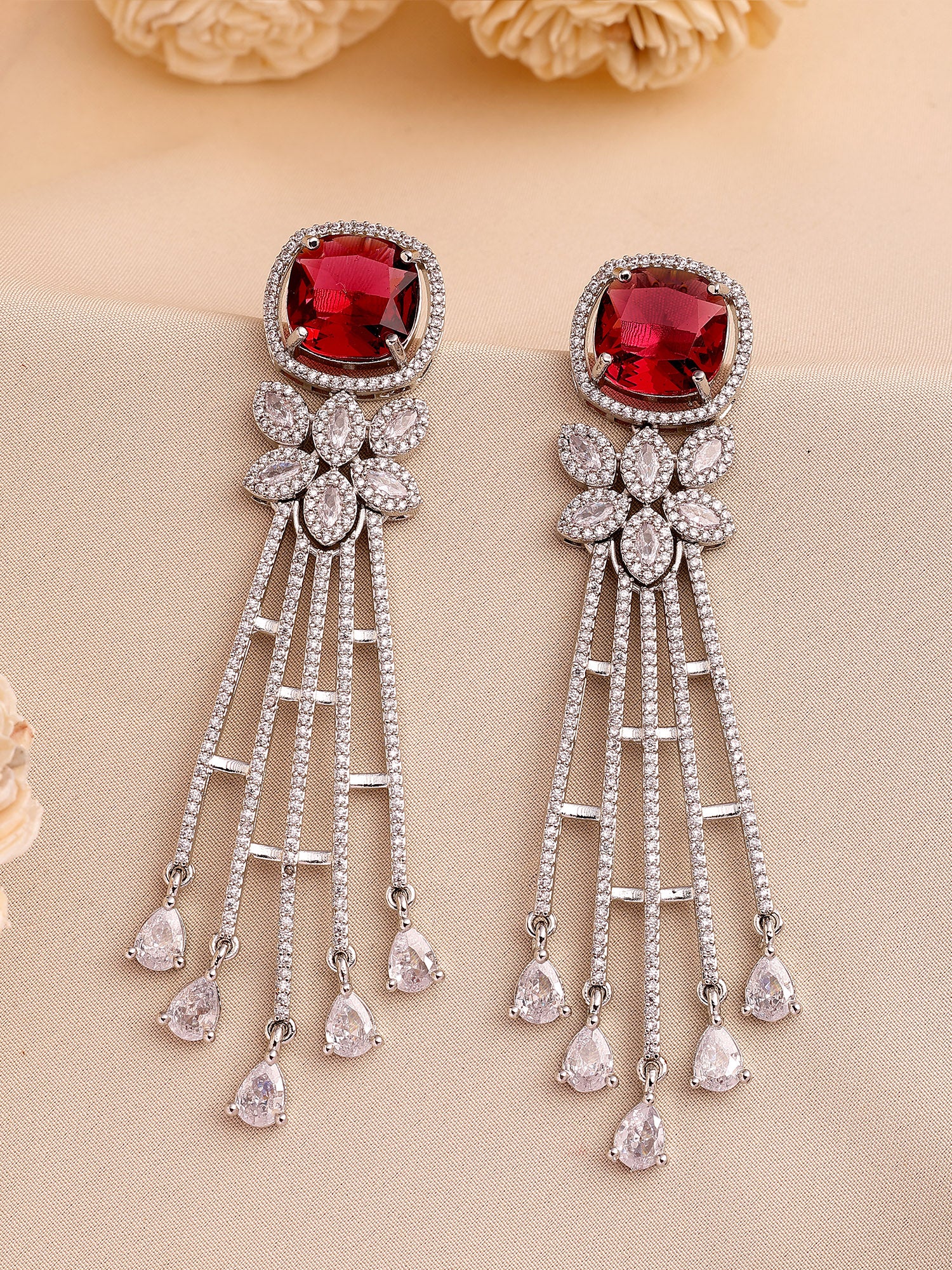 KARATCART Elegant Silver-Plated Red American Diamond Long Drop Earrings for Women - Image 1