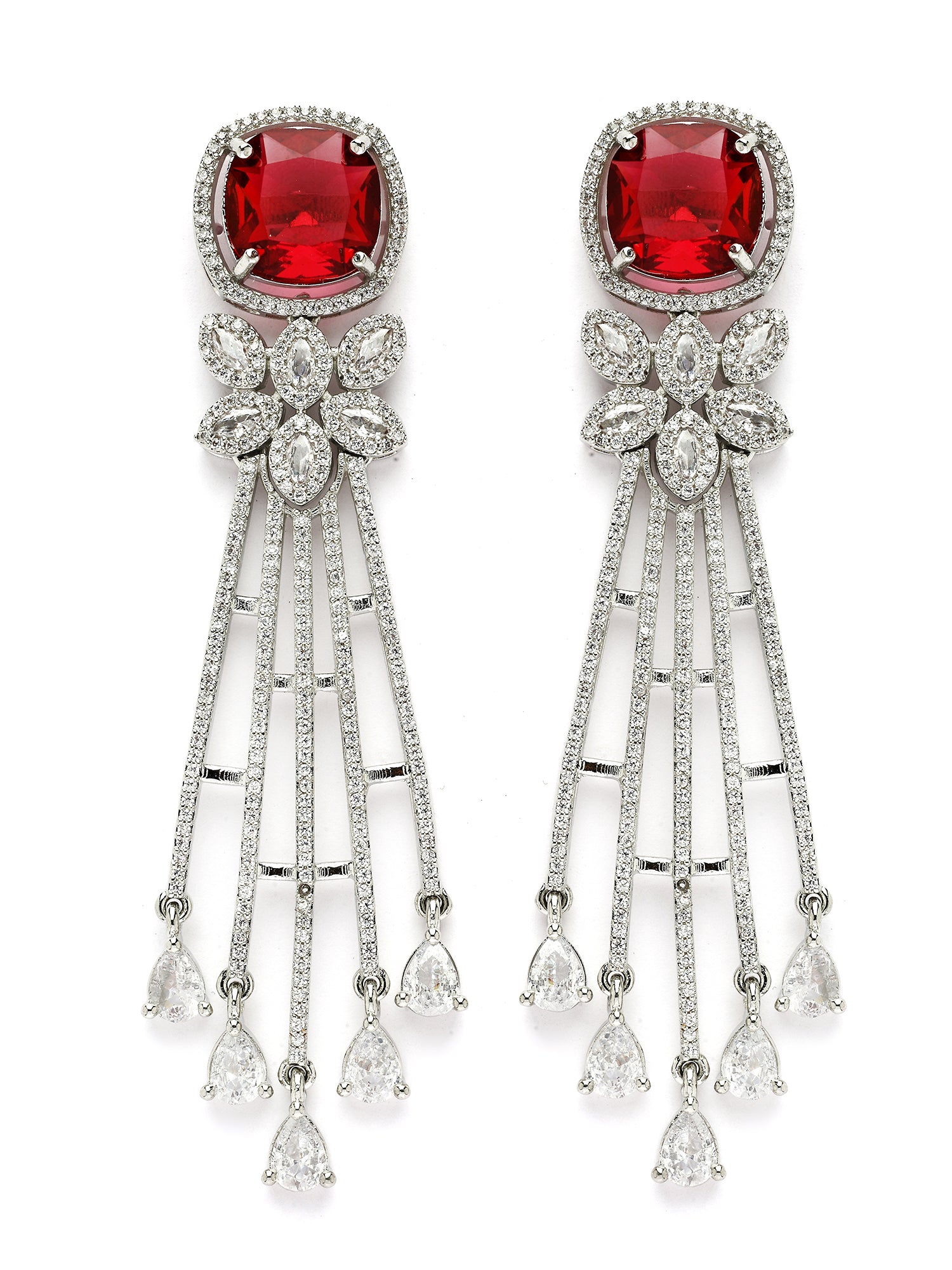 KARATCART Elegant Silver-Plated Red American Diamond Long Drop Earrings for Women - view 4