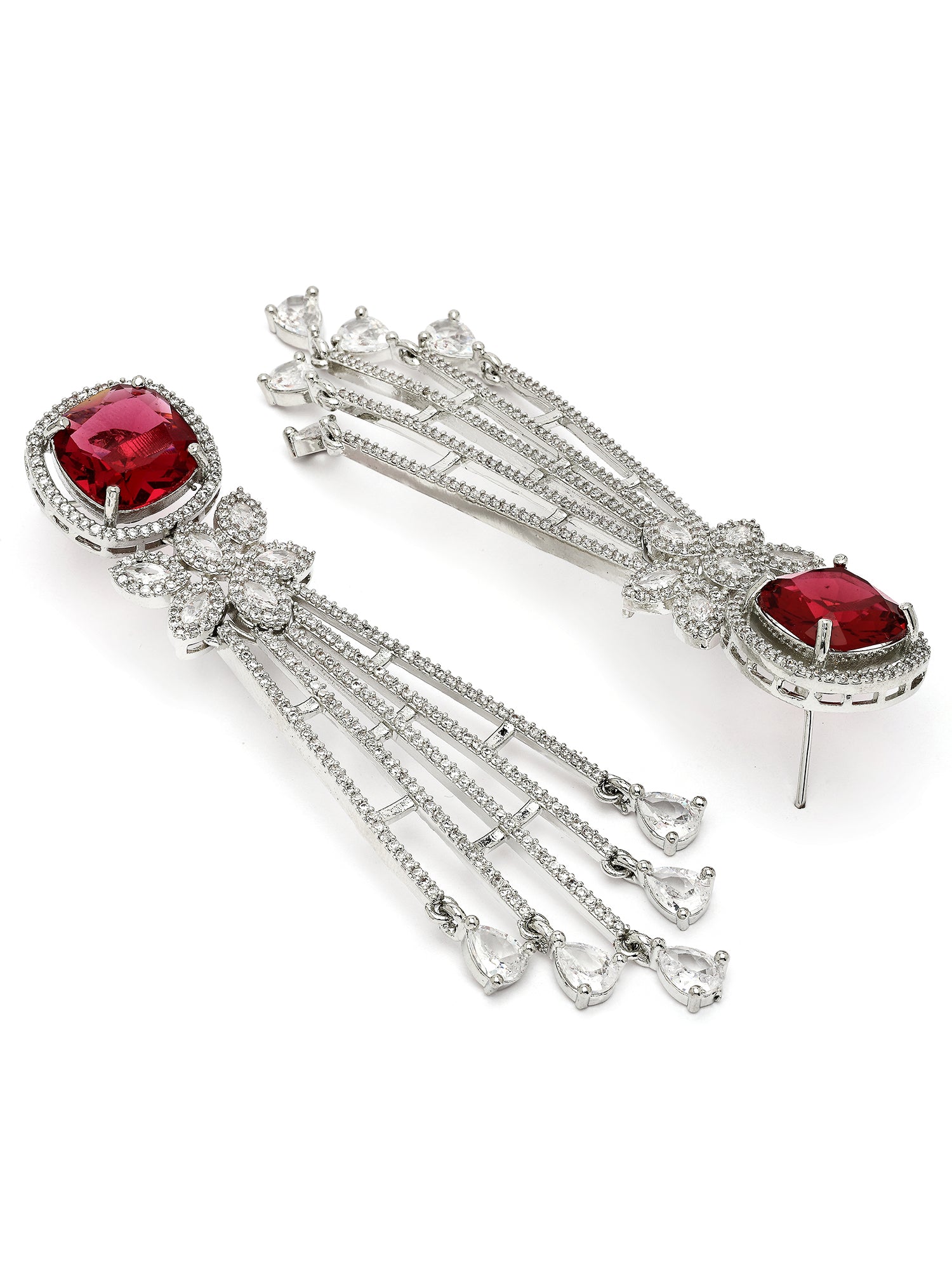 KARATCART Elegant Silver-Plated Red American Diamond Long Drop Earrings for Women - view 5