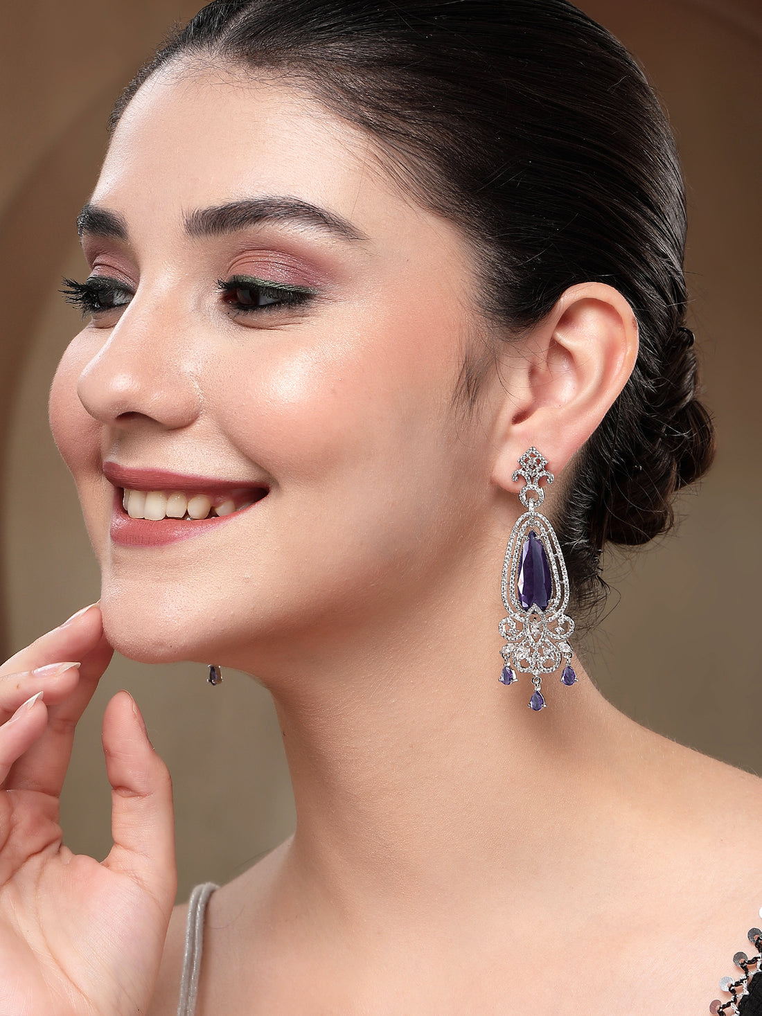 KARATCART Designer Silver-Plated Purple American Diamond Long Drop Earrings for Women