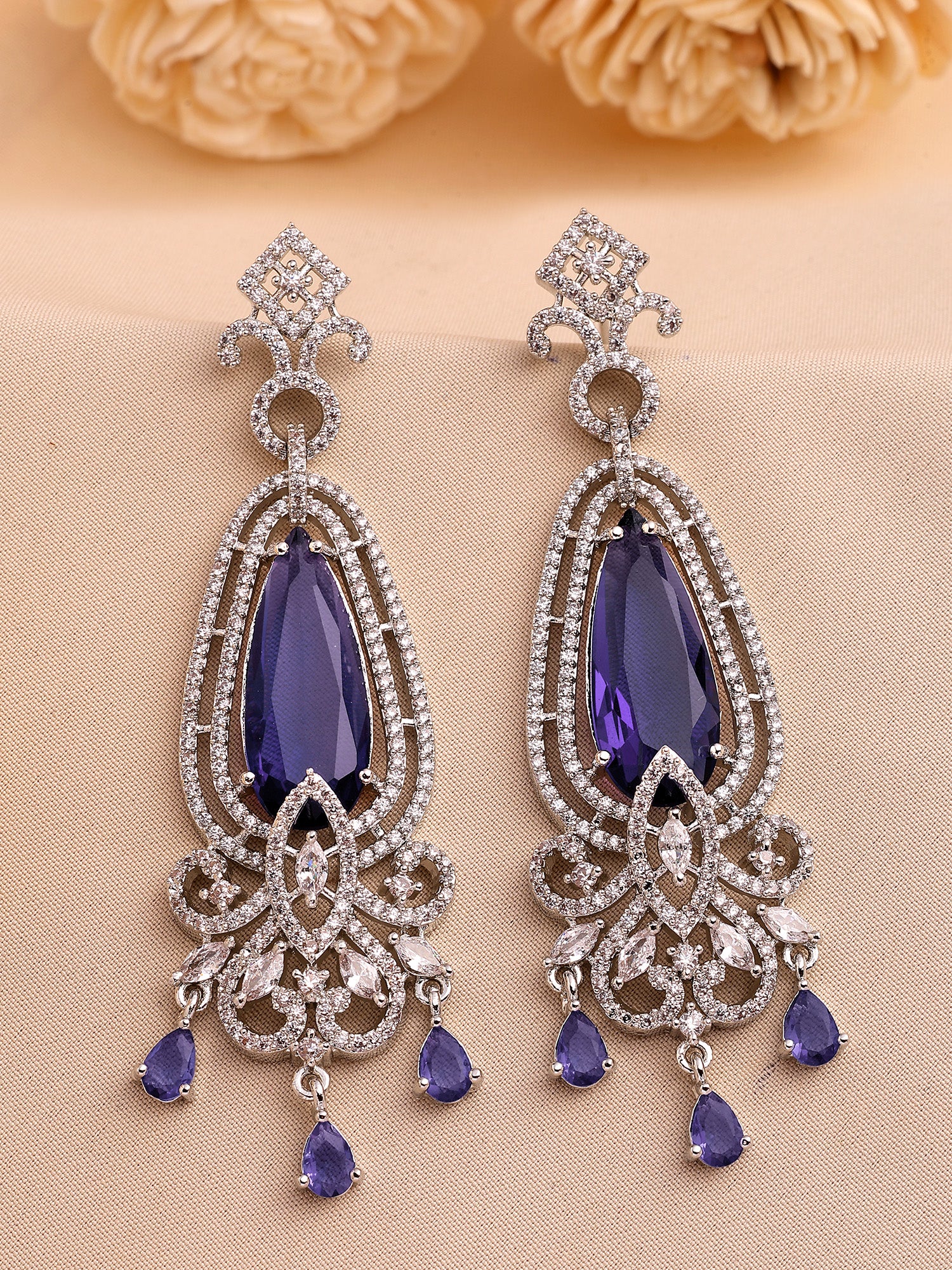 KARATCART Designer Silver-Plated Purple American Diamond Long Drop Earrings for Women - Image 1