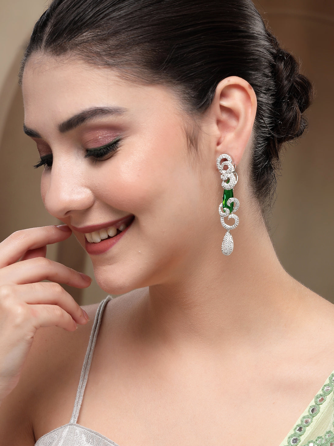 KARATCART Designer Green Teardrop American Diamond Silver-Plated Drop Earrings for Women