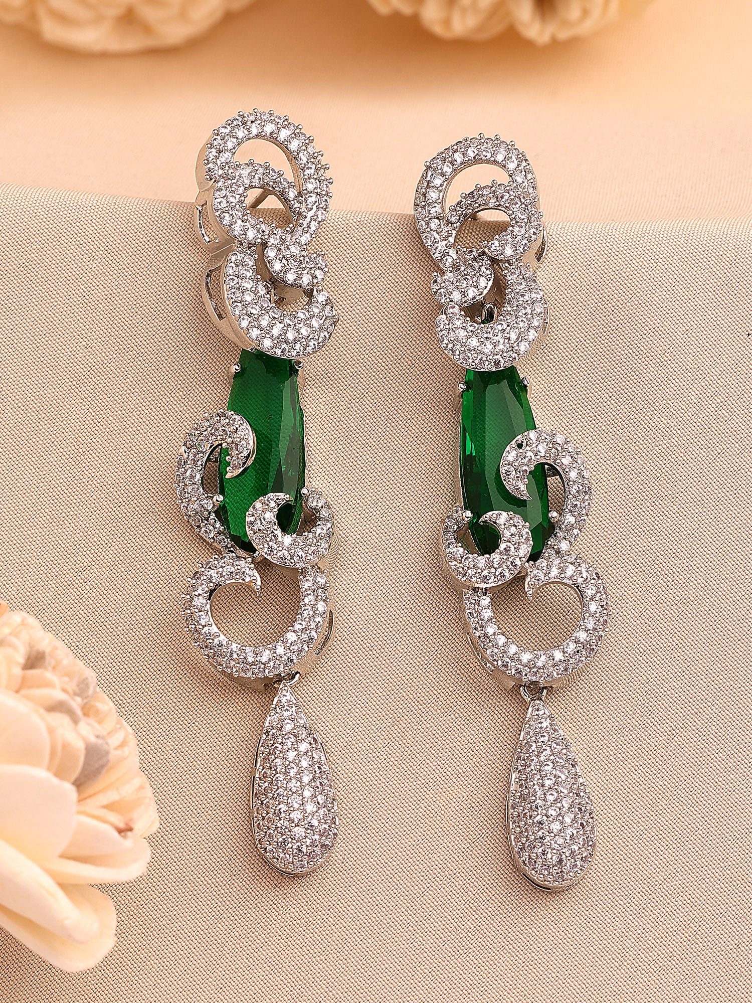 KARATCART Designer Green Teardrop American Diamond Silver-Plated Drop Earrings for Women