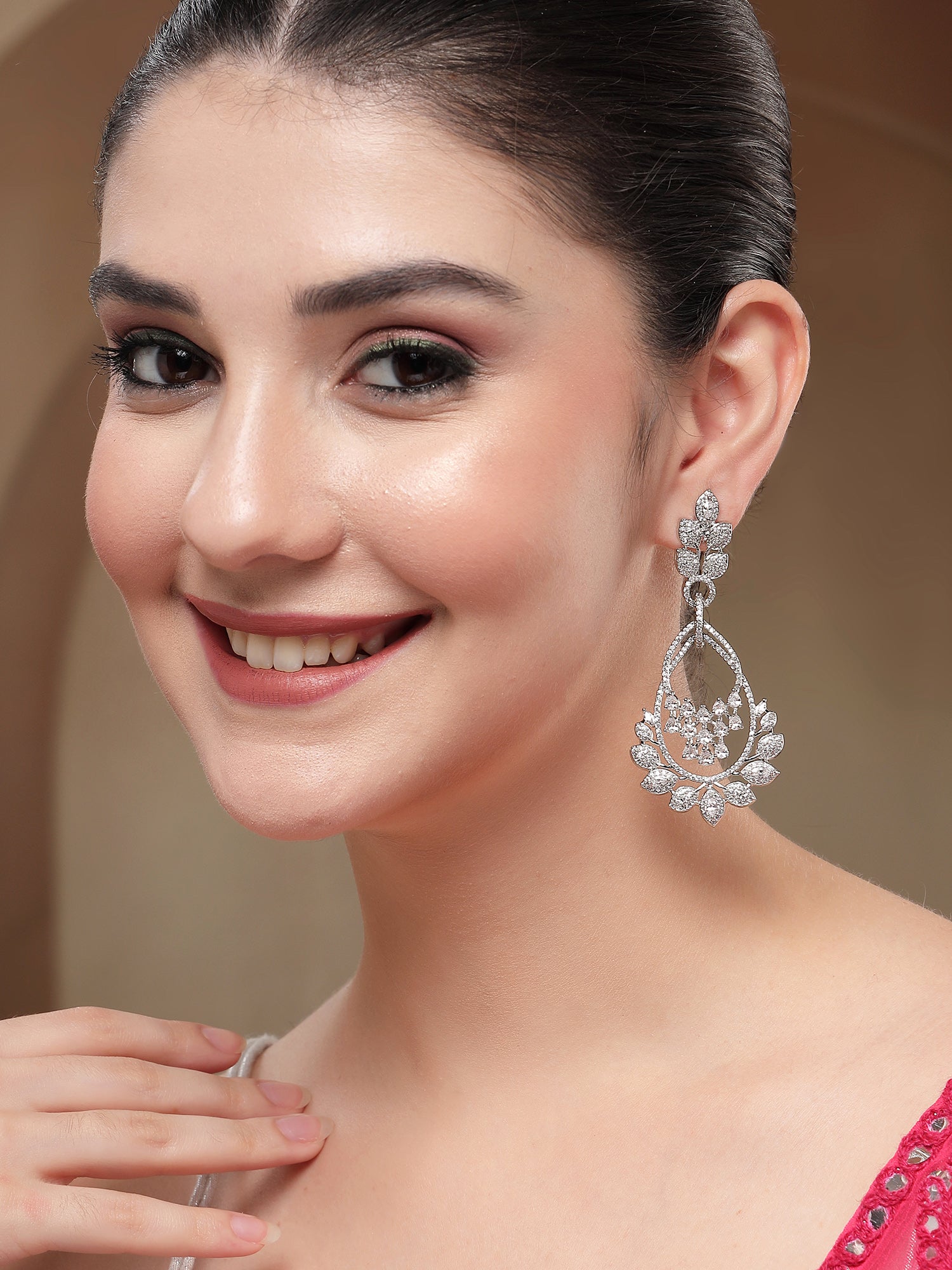 KARATCART Stunning Silver Finish American Diamond Leaf Dangler Earrings for Women