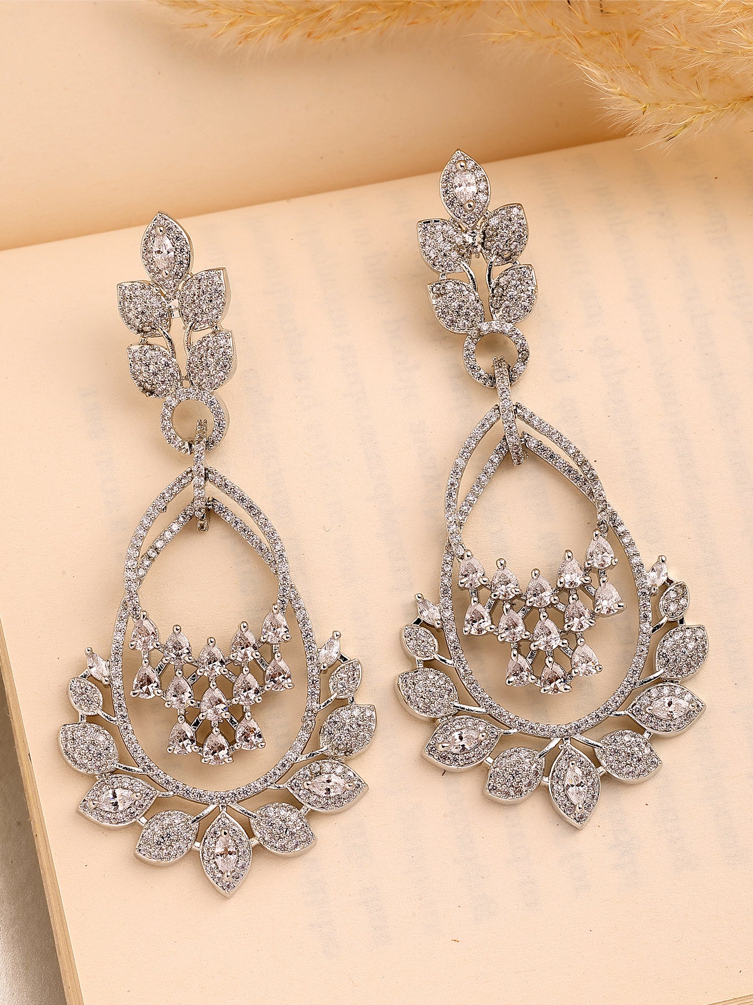 KARATCART Stunning Silver Finish American Diamond Leaf Dangler Earrings for Women