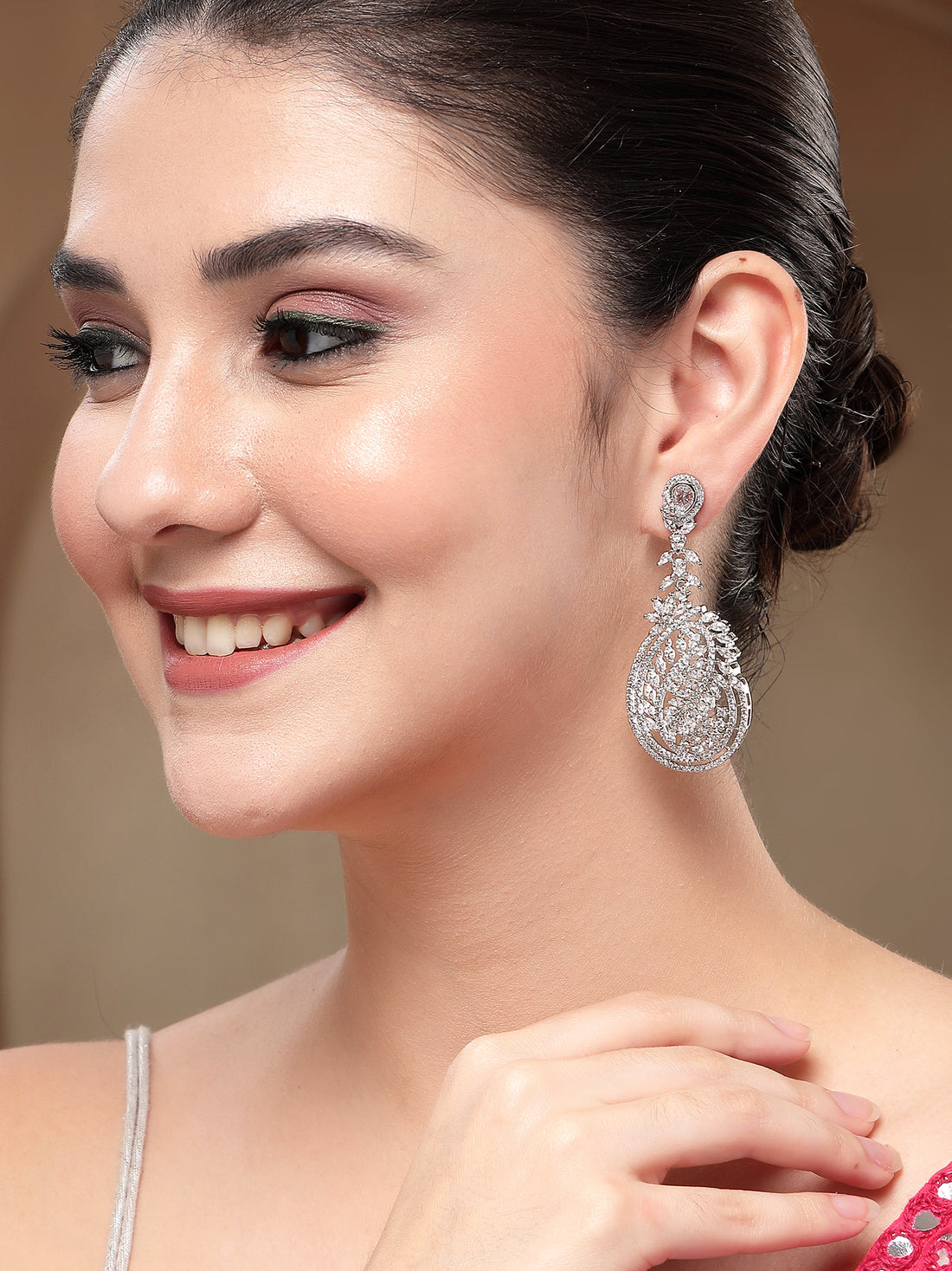 KARATCART Classic Silver-Plated American Diamond Oval Drop Earrings for Women