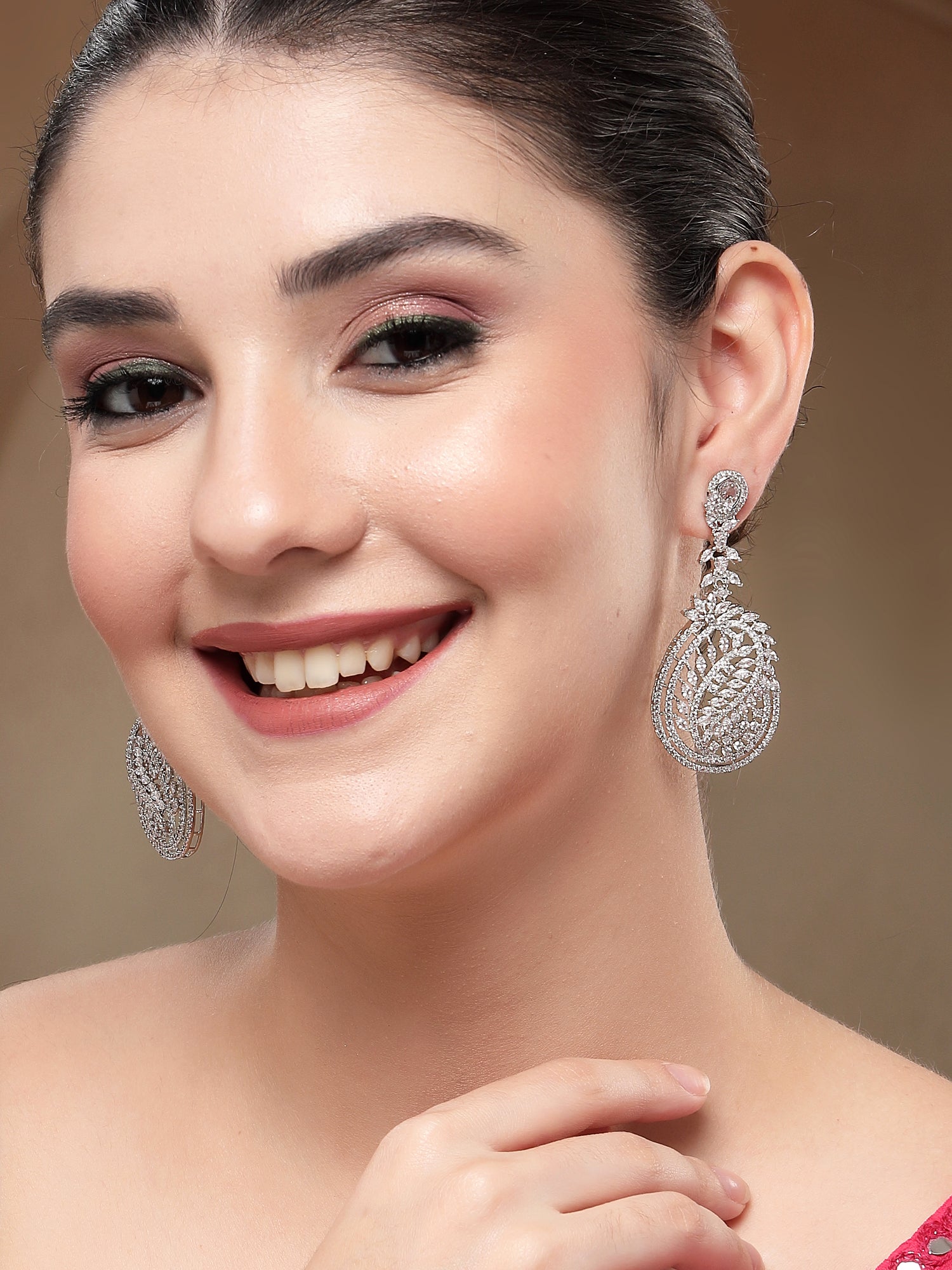 KARATCART Classic Silver-Plated American Diamond Oval Drop Earrings for Women - view 3