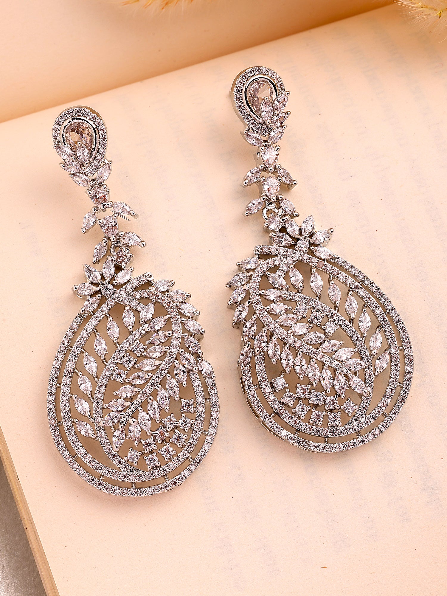 KARATCART Classic Silver-Plated American Diamond Oval Drop Earrings for Women